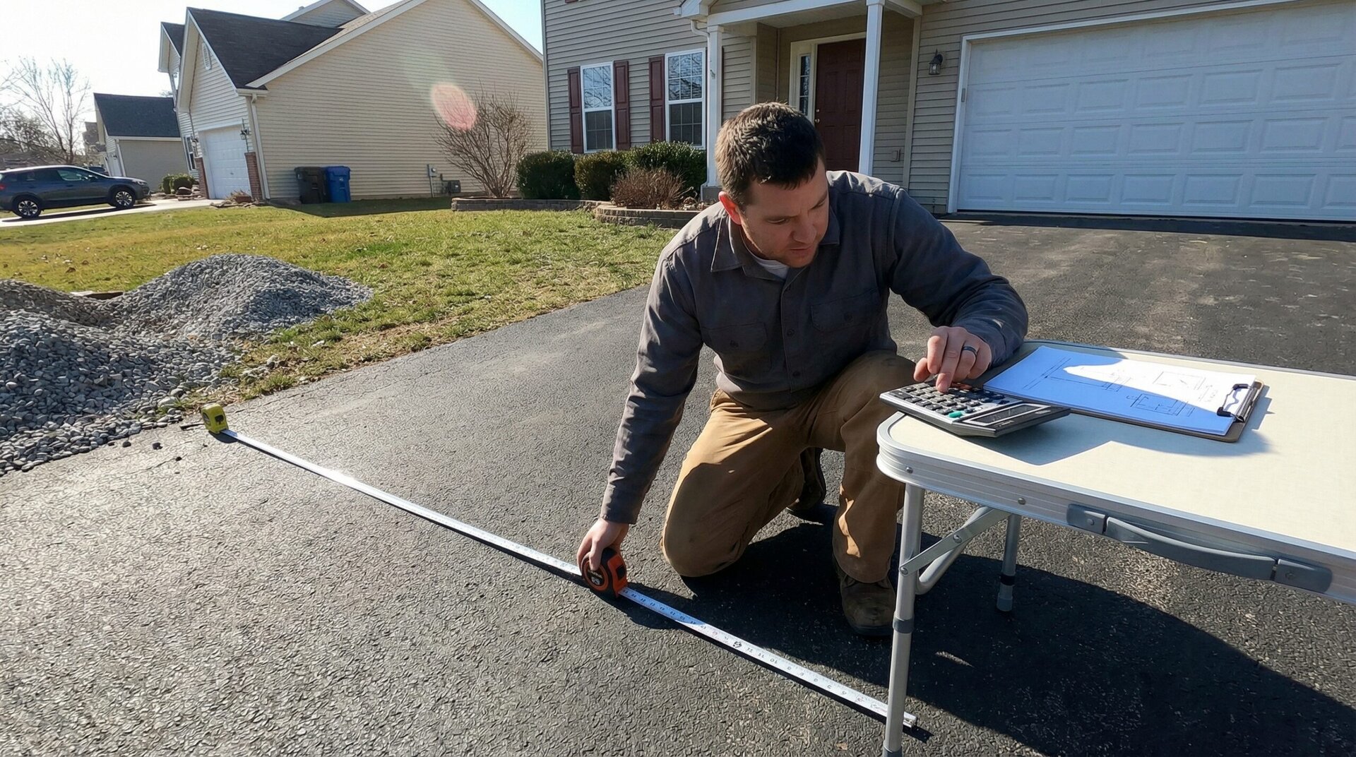 Measuring and calculating gravel needs for driveway project with tools