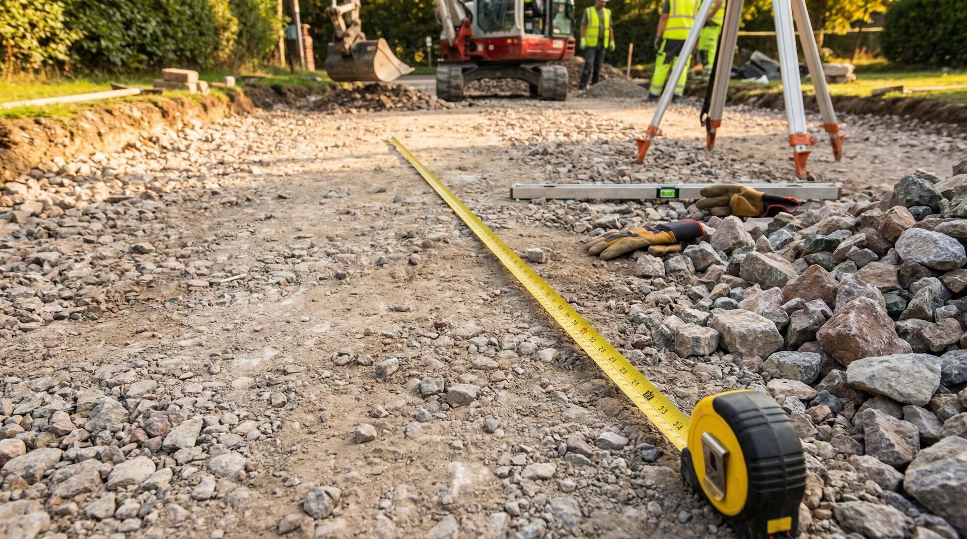 Measuring tape on gravel driveway construction project