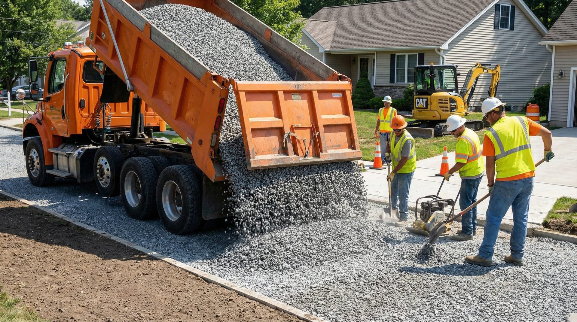 Gravel delivery truck dumping stones on residential driveway