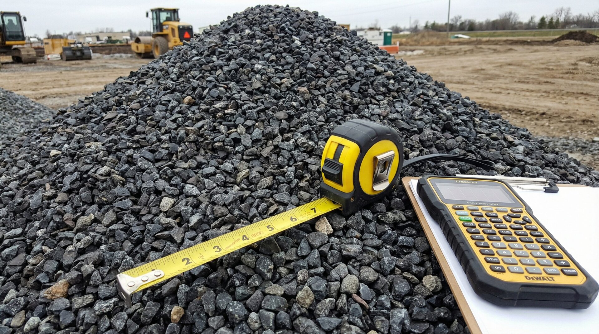 Gravel pile with measuring tools and calculator