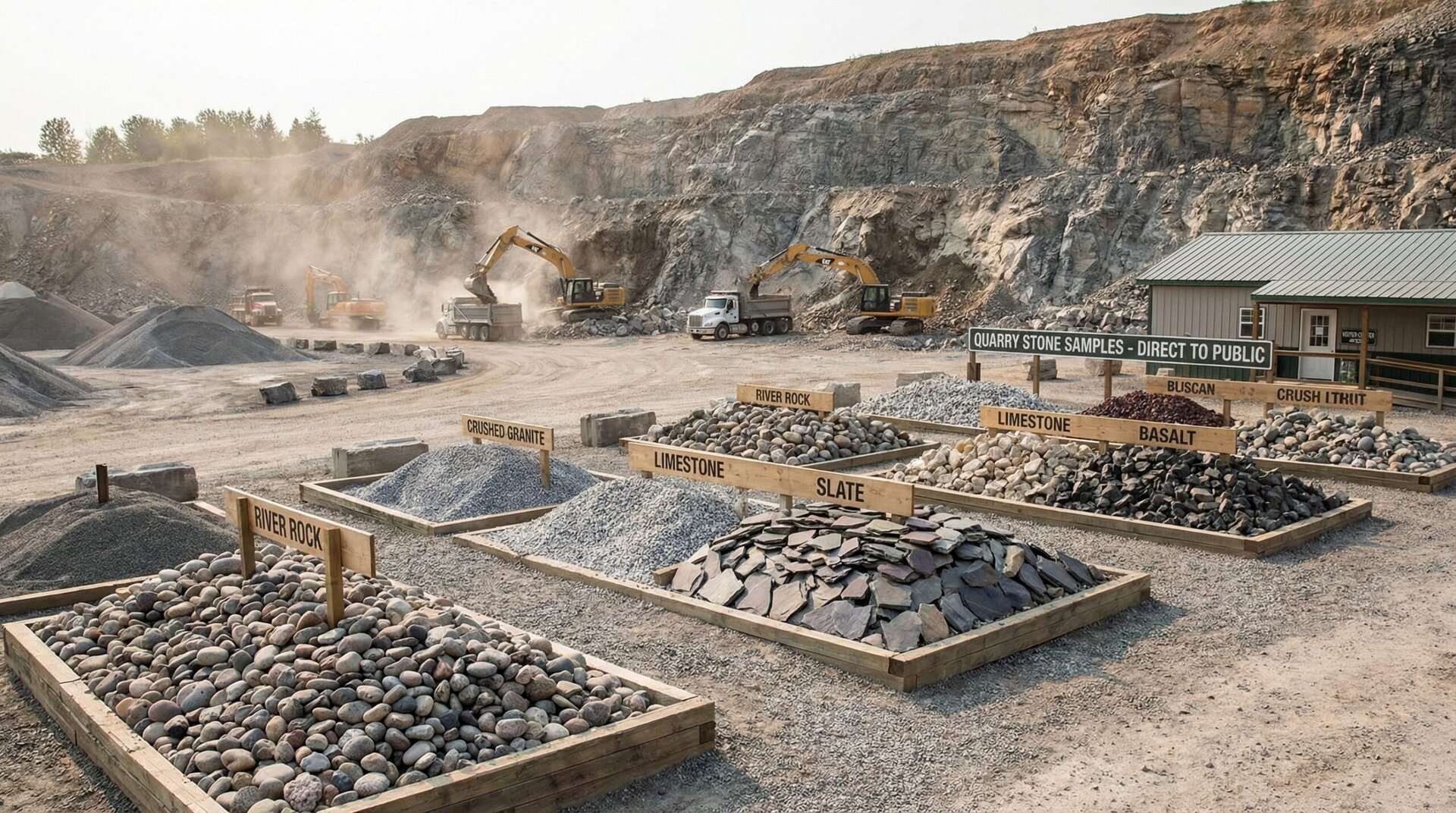 Gravel quarry with various stone types displayed