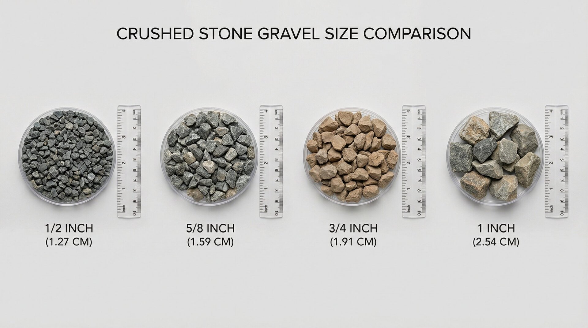 Gravel size chart showing #67 and #78 stone measurements with scale