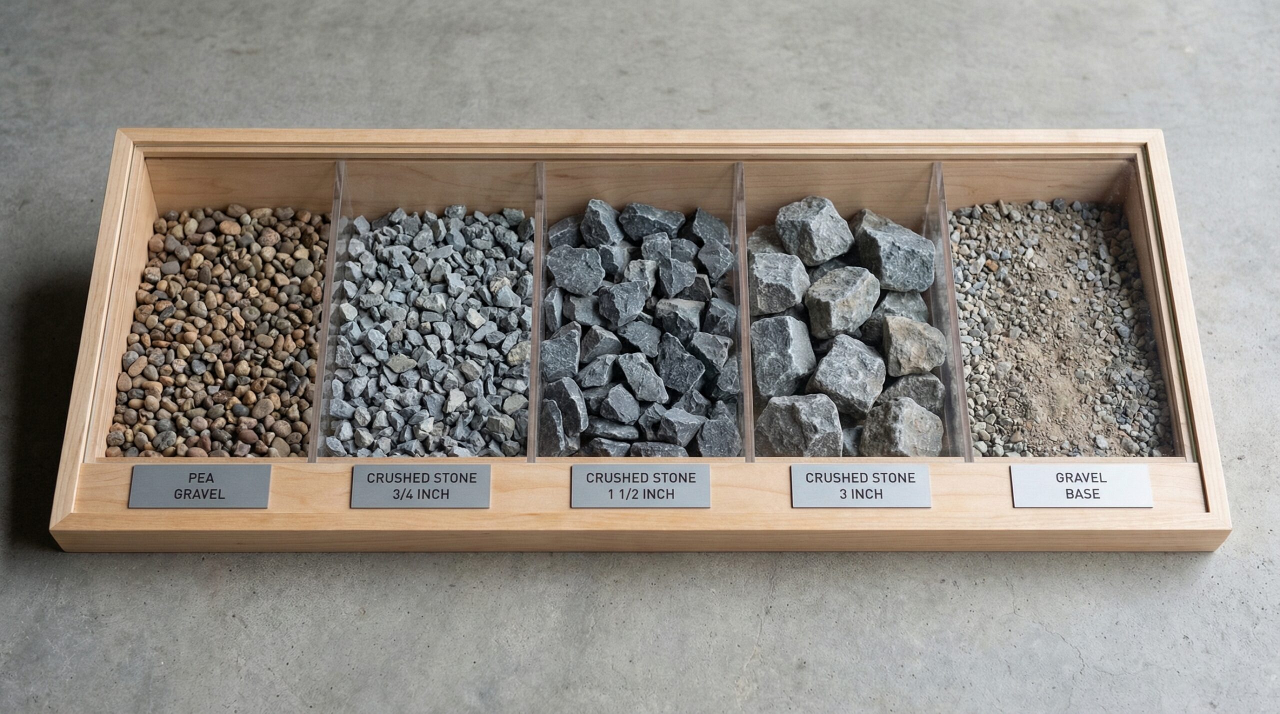 Gravel size comparison chart showing different grades from fine to coarse