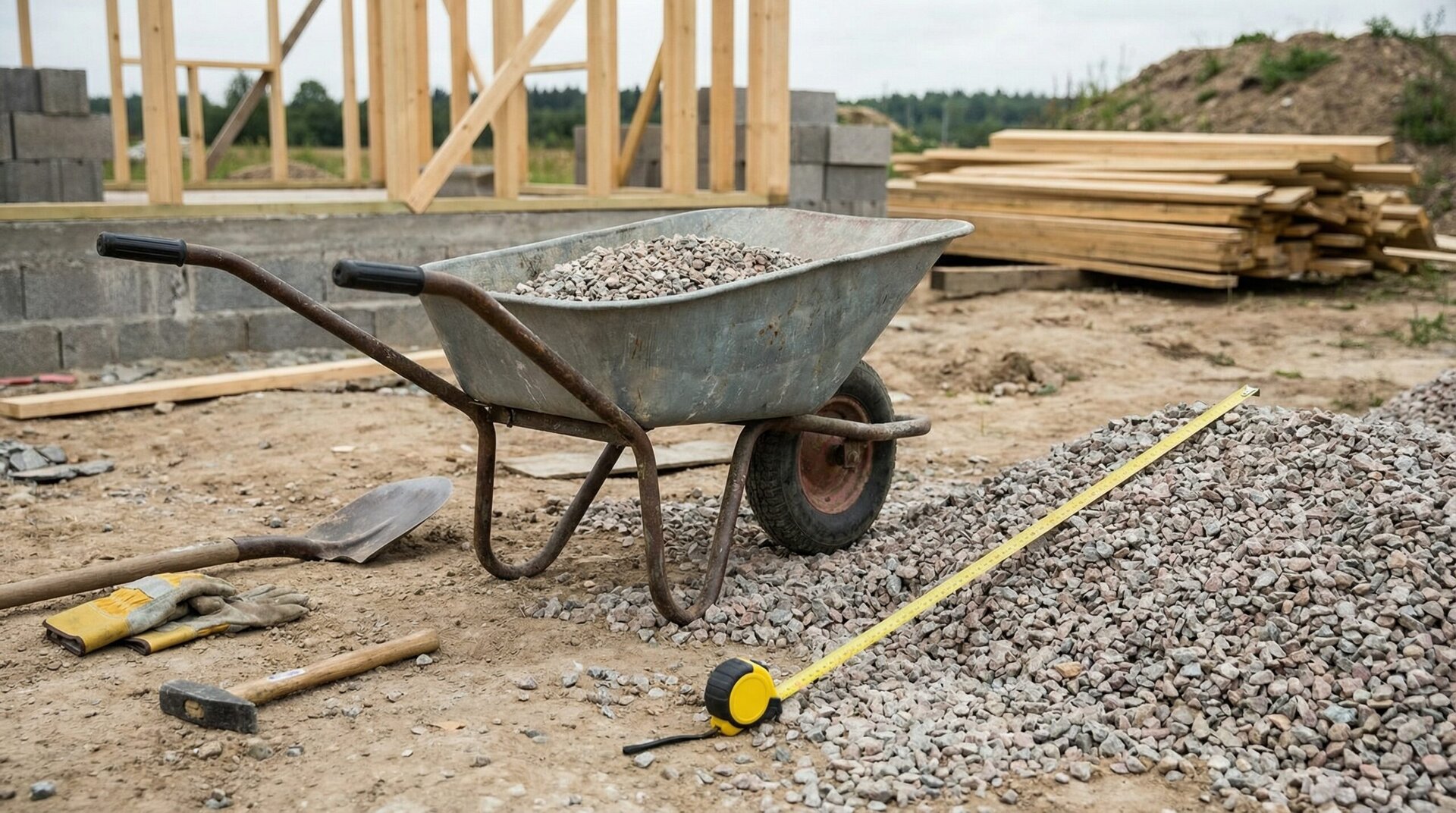 Gravel cost calculator with measuring tape and wheelbarrow at construction site