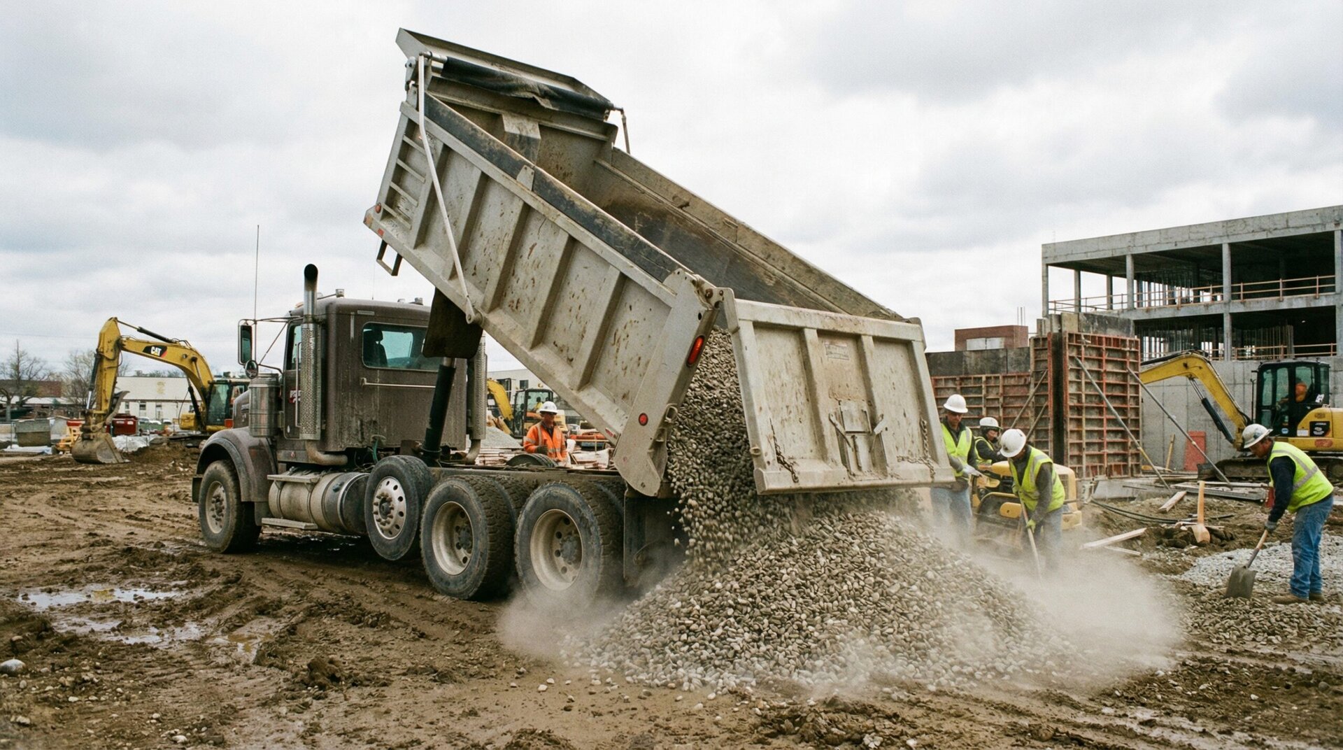 gravel delivery truck dumping various types of gravel at construction site
