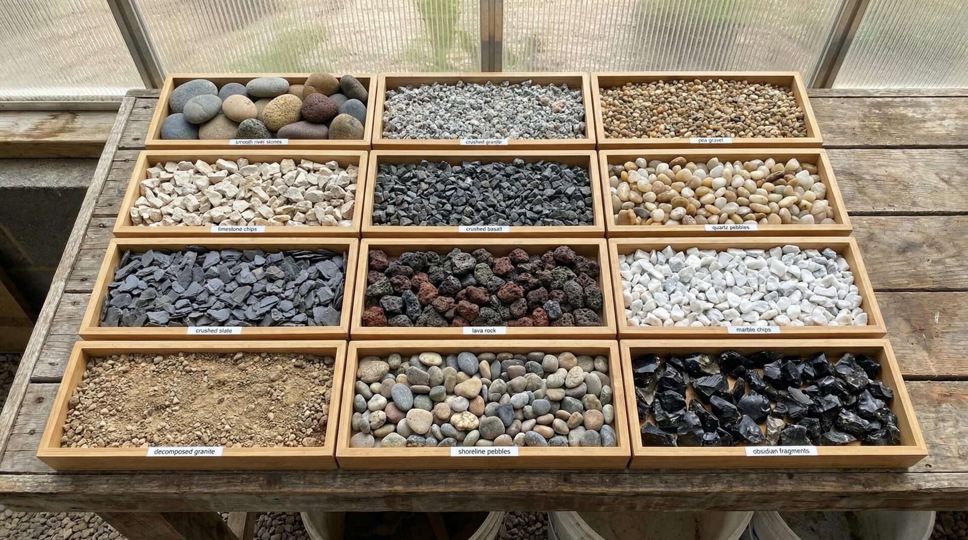 Different types of gravel samples arranged in rows
