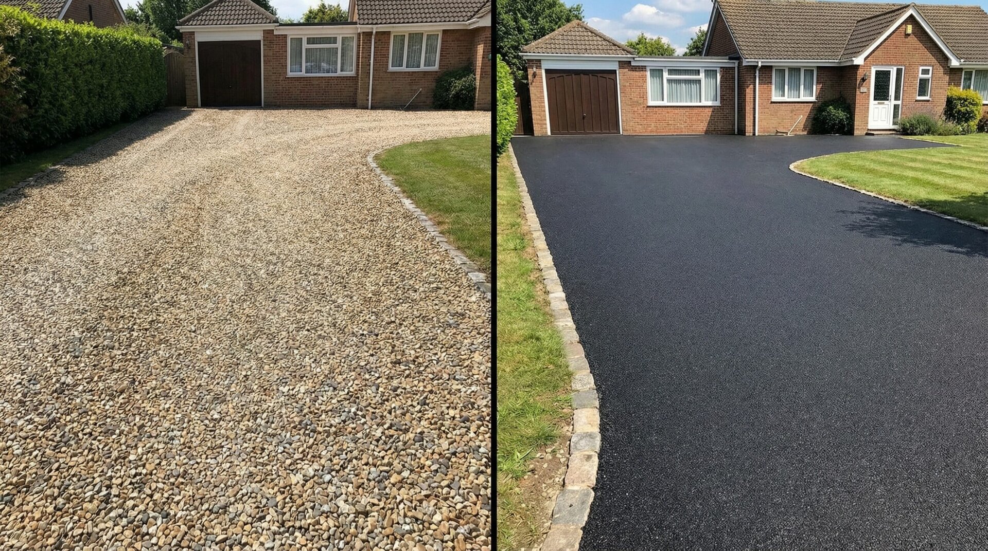 Side-by-side comparison showing a well-maintained gravel driveway next to an asphalt driveway