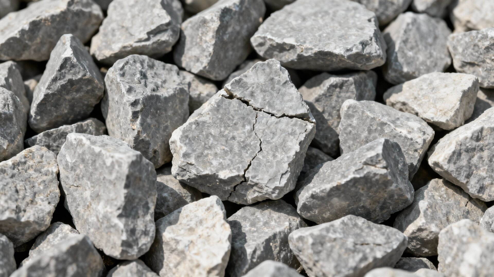 Close-up view of gray limestone gravel showing 3/4 inch angular pieces with natural gray coloring