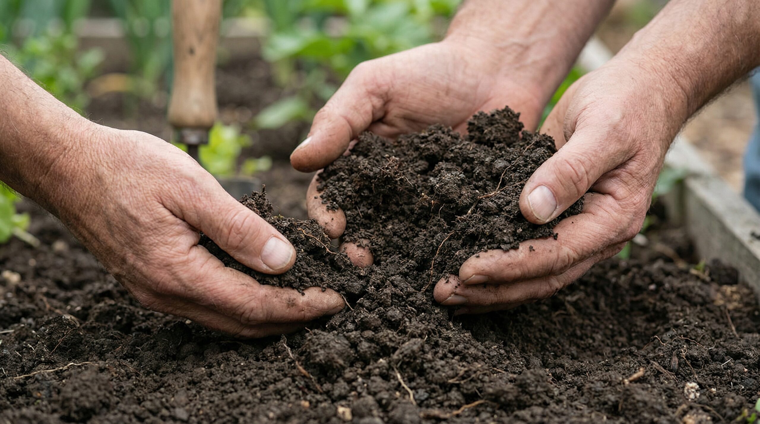 Hands holding dark silt loam soil showing crumbly texture