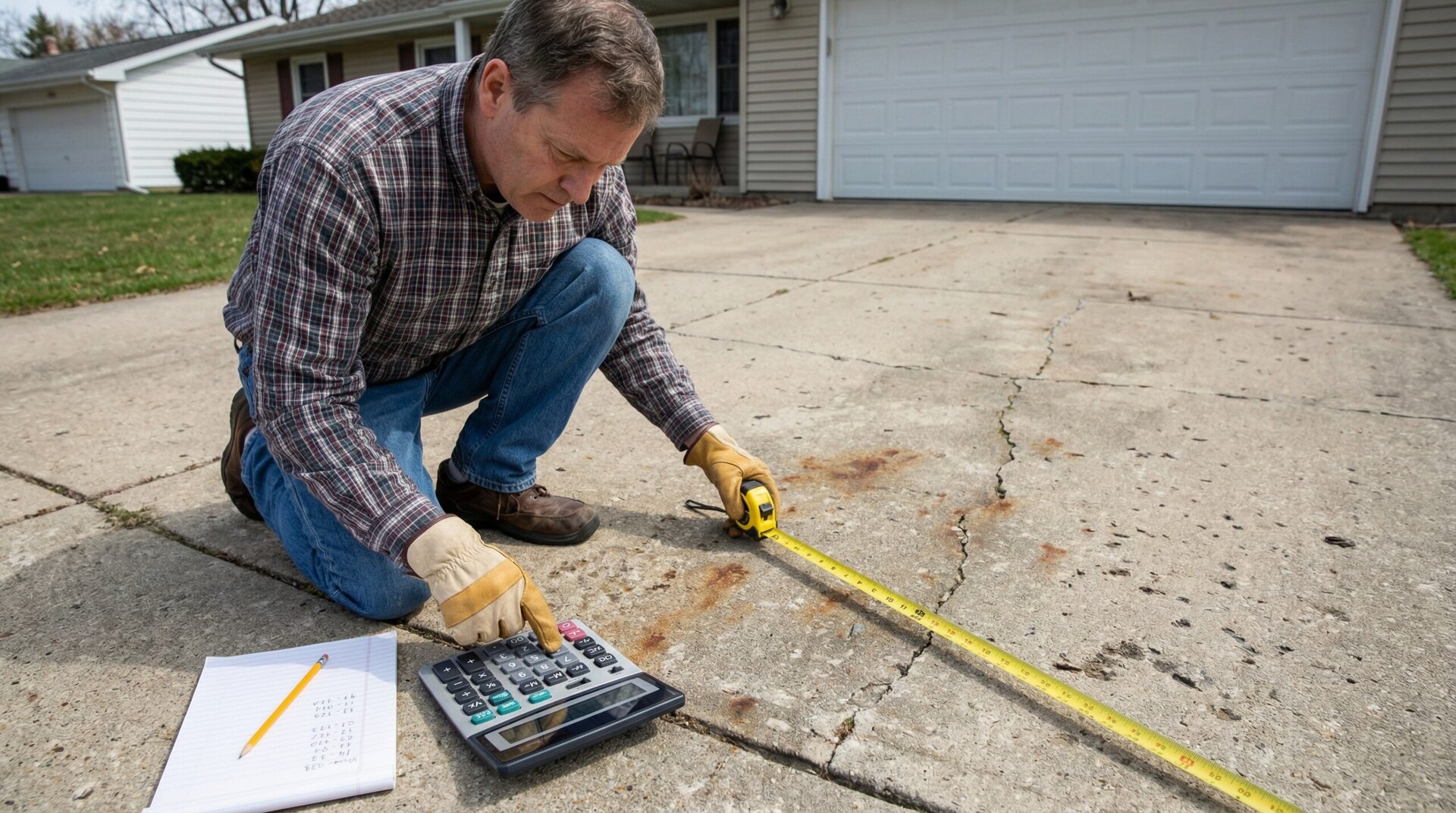 homeowner measuring driveway area with calculator and measuring tape