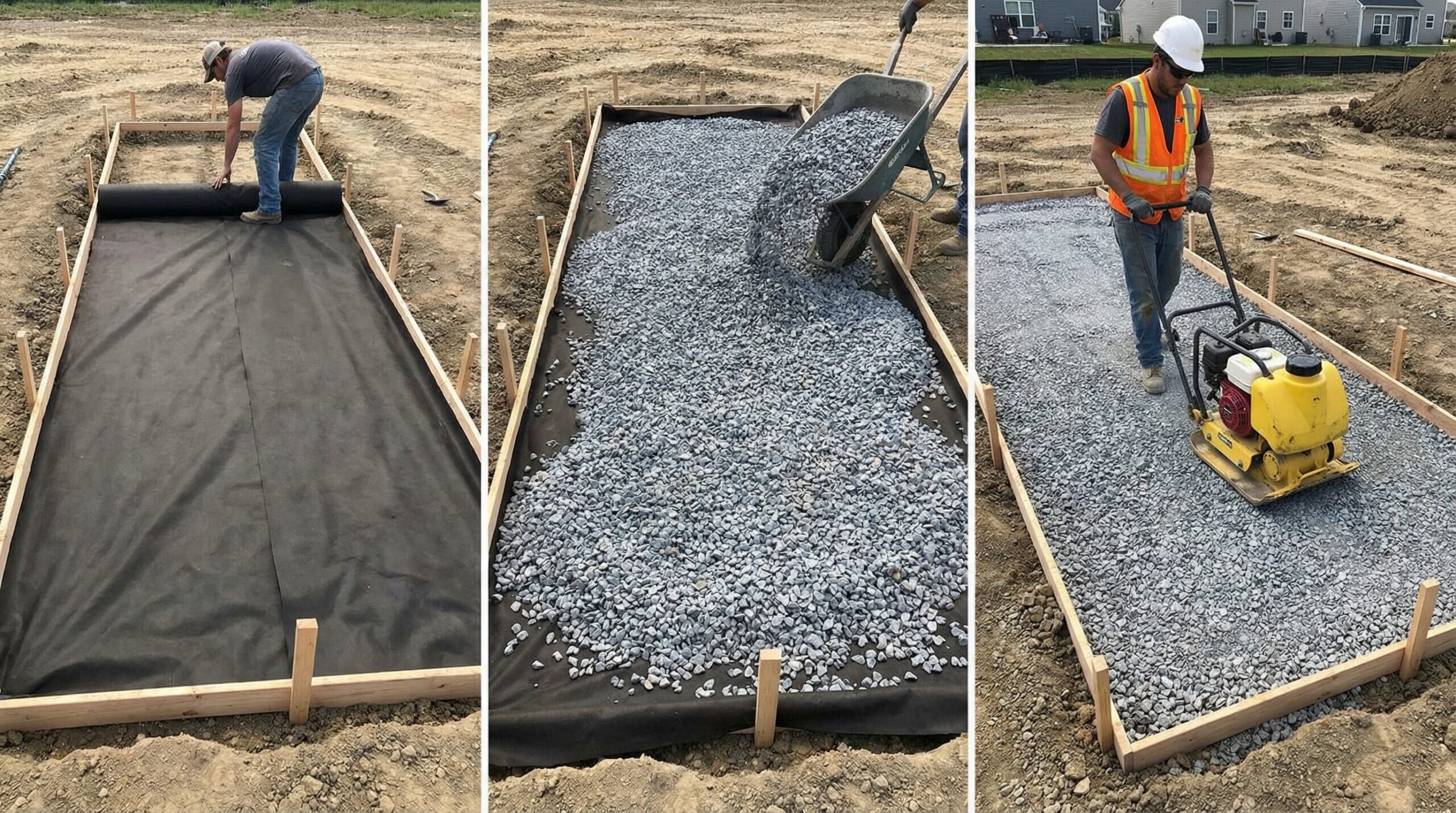 Step-by-step installation showing fabric, stone and compaction