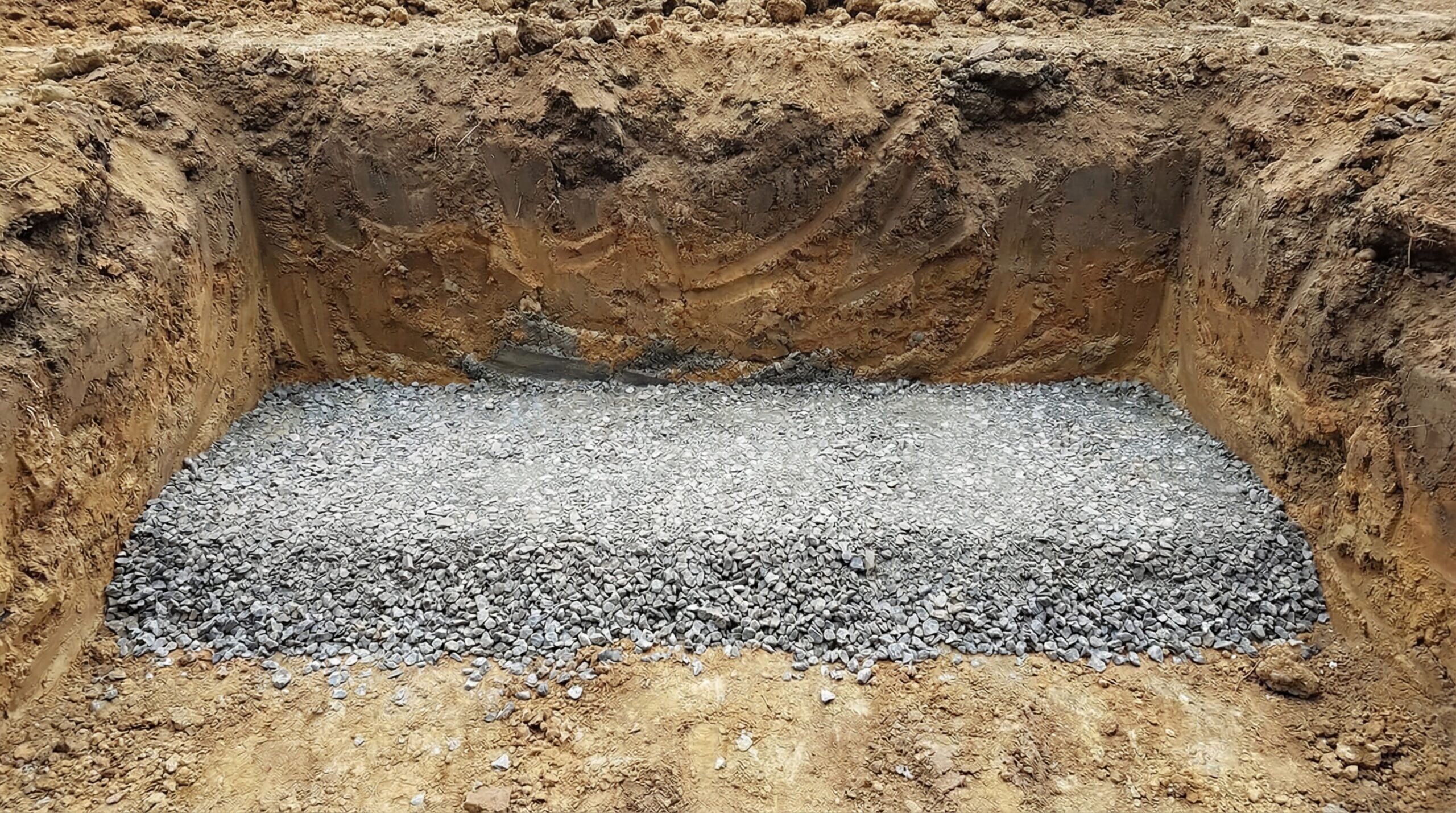 Step by step installation showing crushed stone base and pea gravel backfill