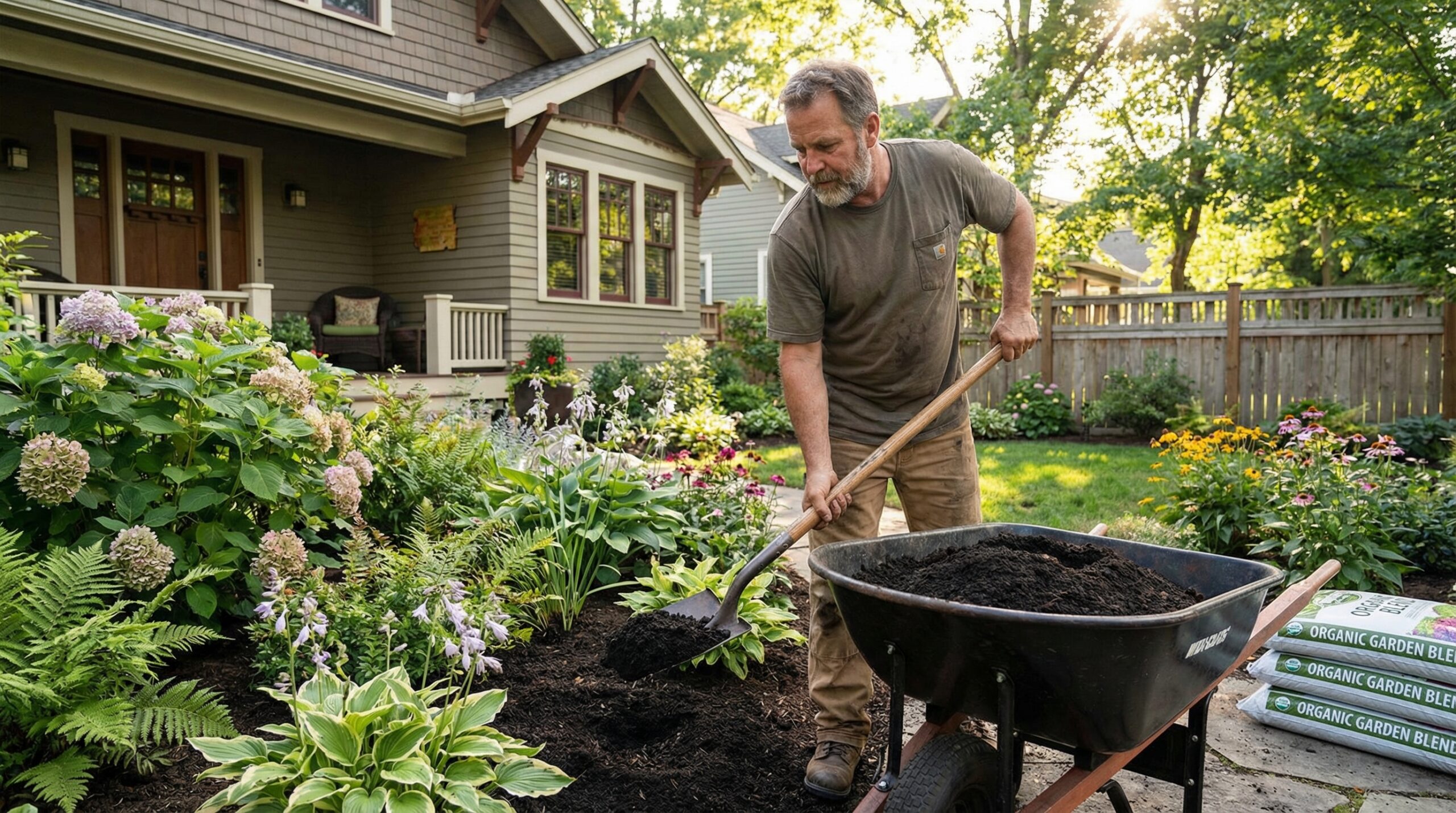 landscaper spreading blended soil in a residential garden with plants in background