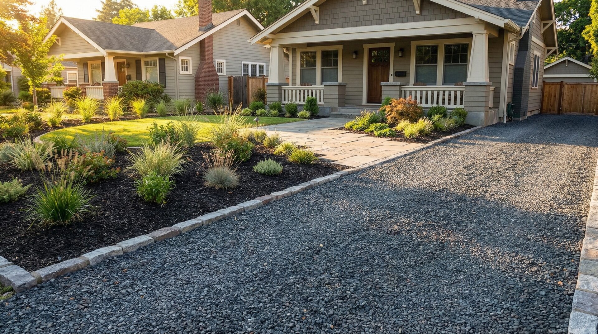 Professional landscaping project showing completed gravel installation with quality results