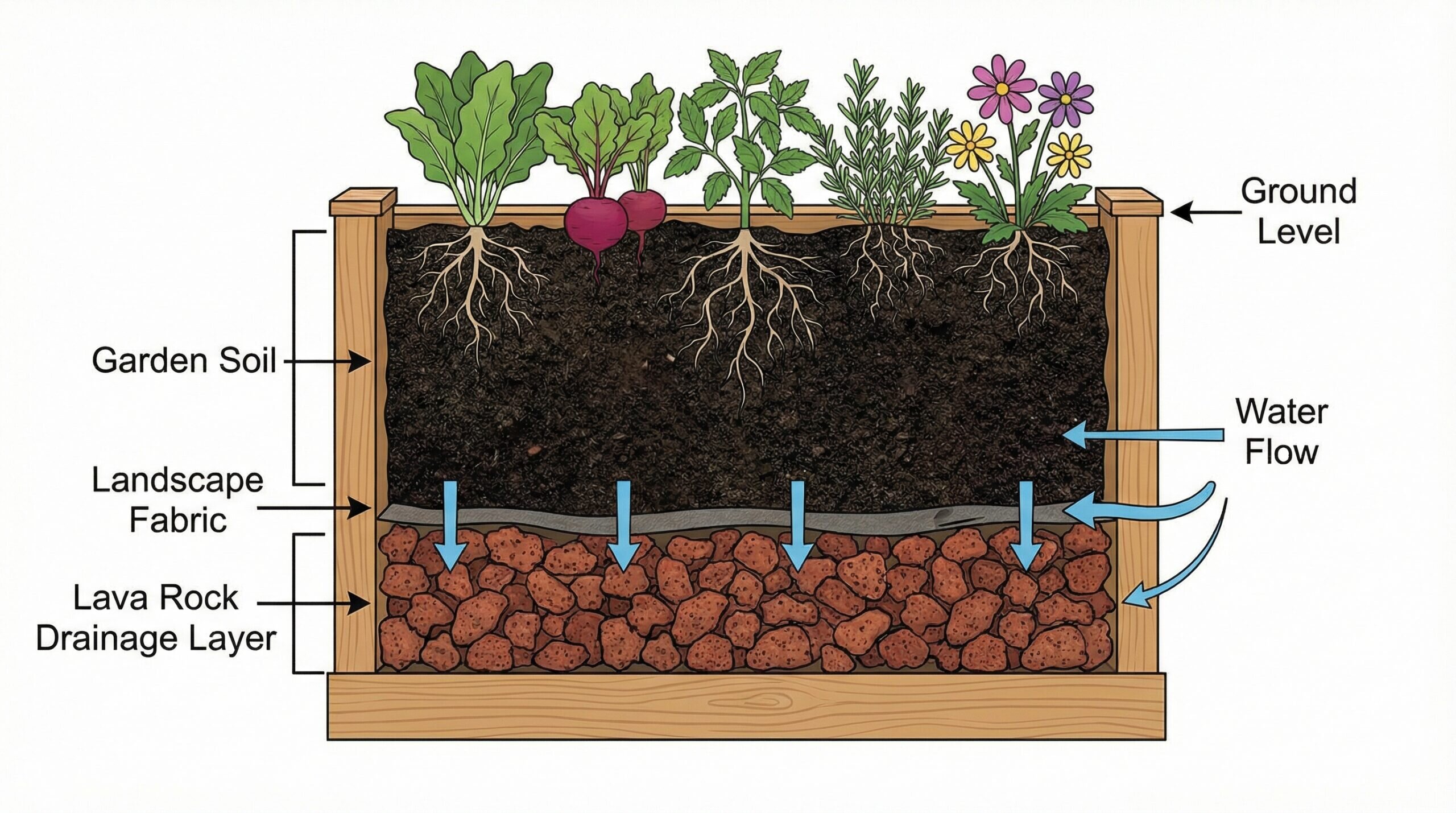 cross-section diagram showing lava rock drainage layer in raised garden bed with soil and plants