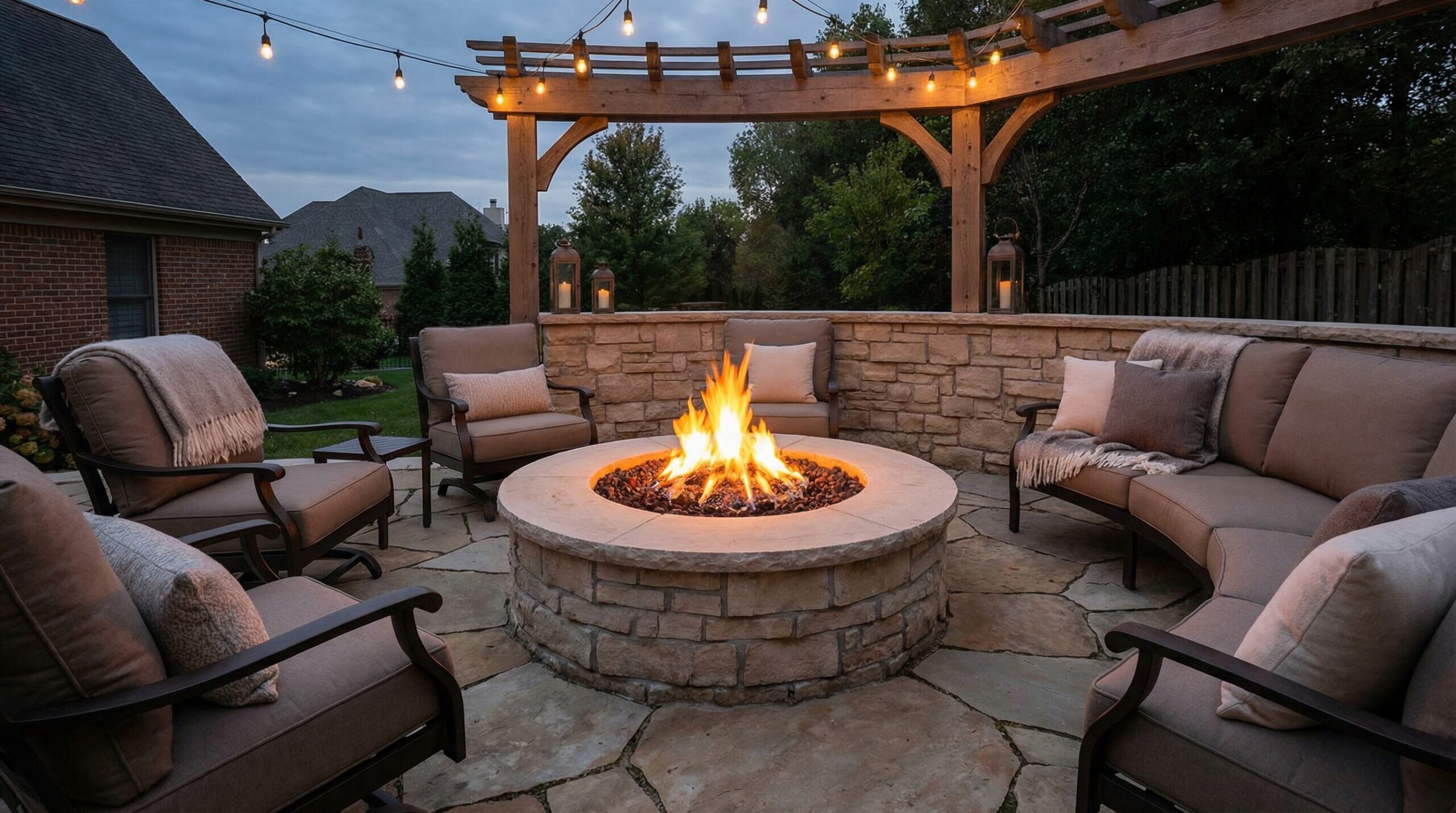 Limestone fire pit area with seating in evening atmosphere