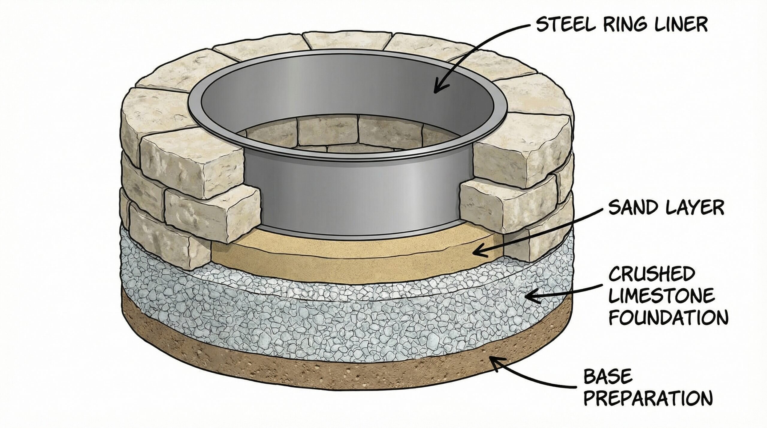Limestone fire pit cross-section showing layers and fire ring