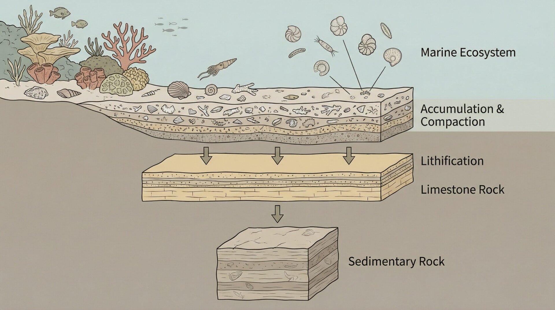 Limestone formation process diagram showing marine organisms to rock
