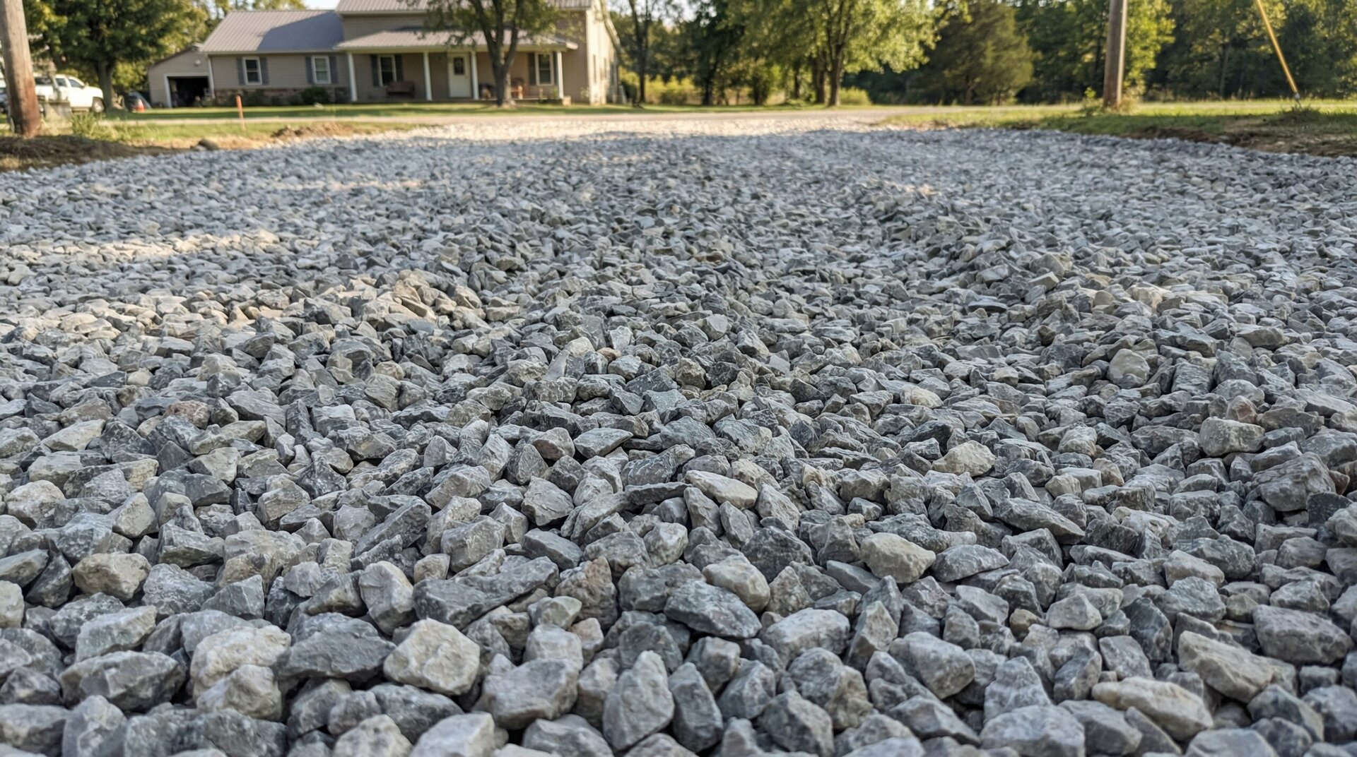 #7 limestone gravel installed as a driveway base showing compacted angular pieces creating a stable surface