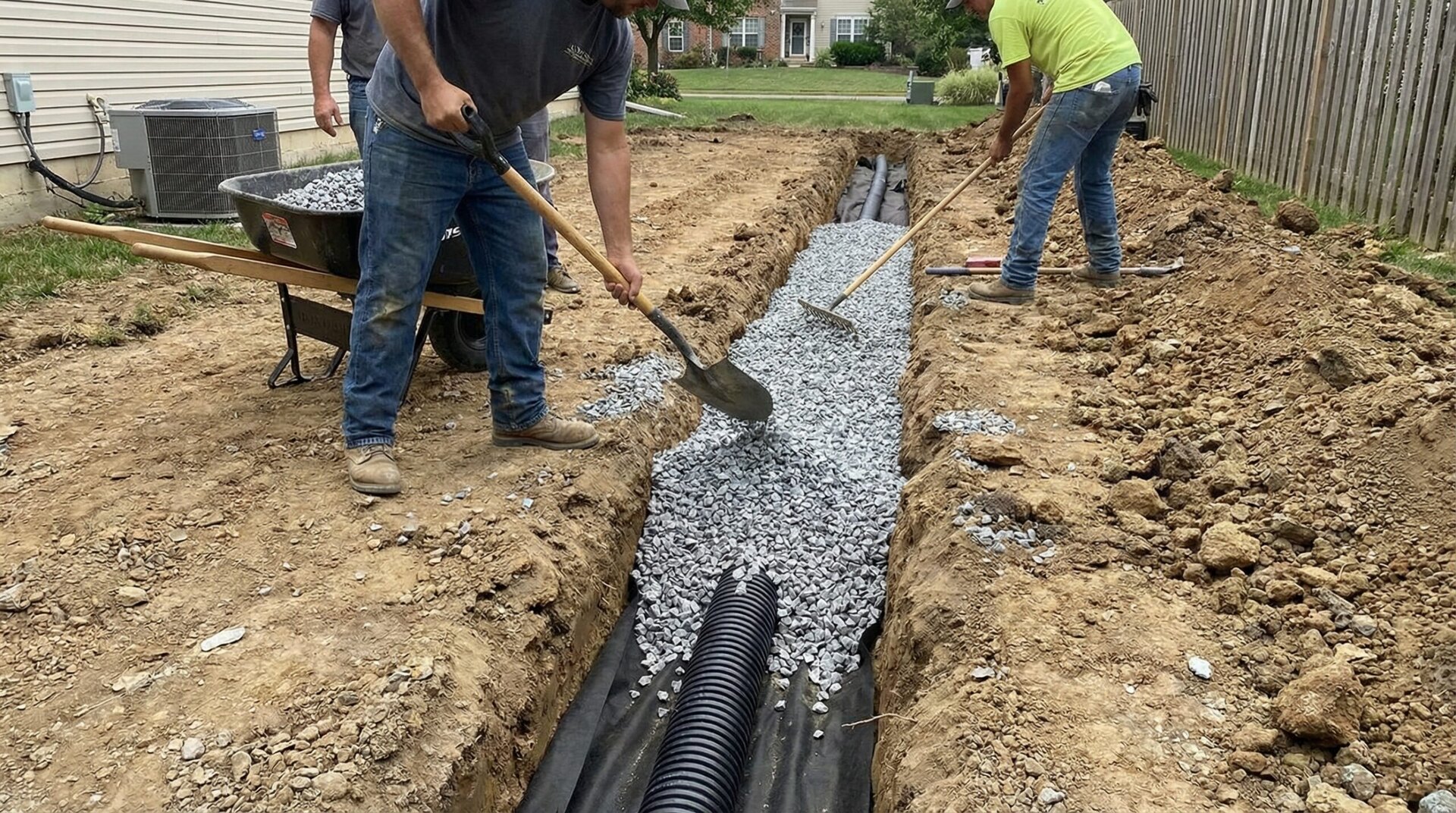 Limestone gravel french drain installation