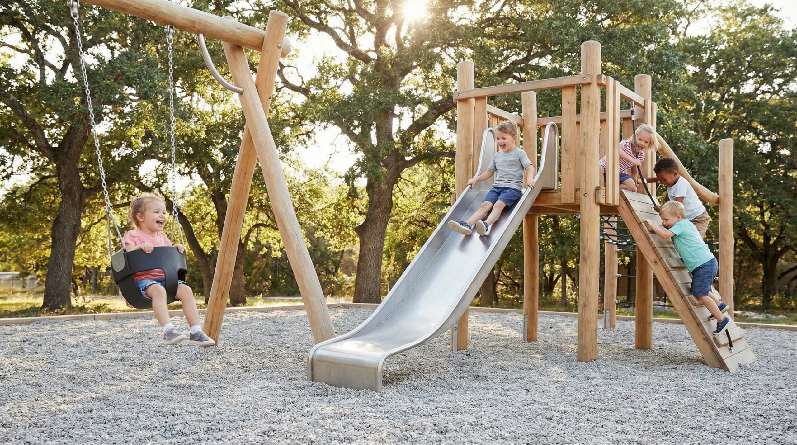 Limestone playground base with children playing safely