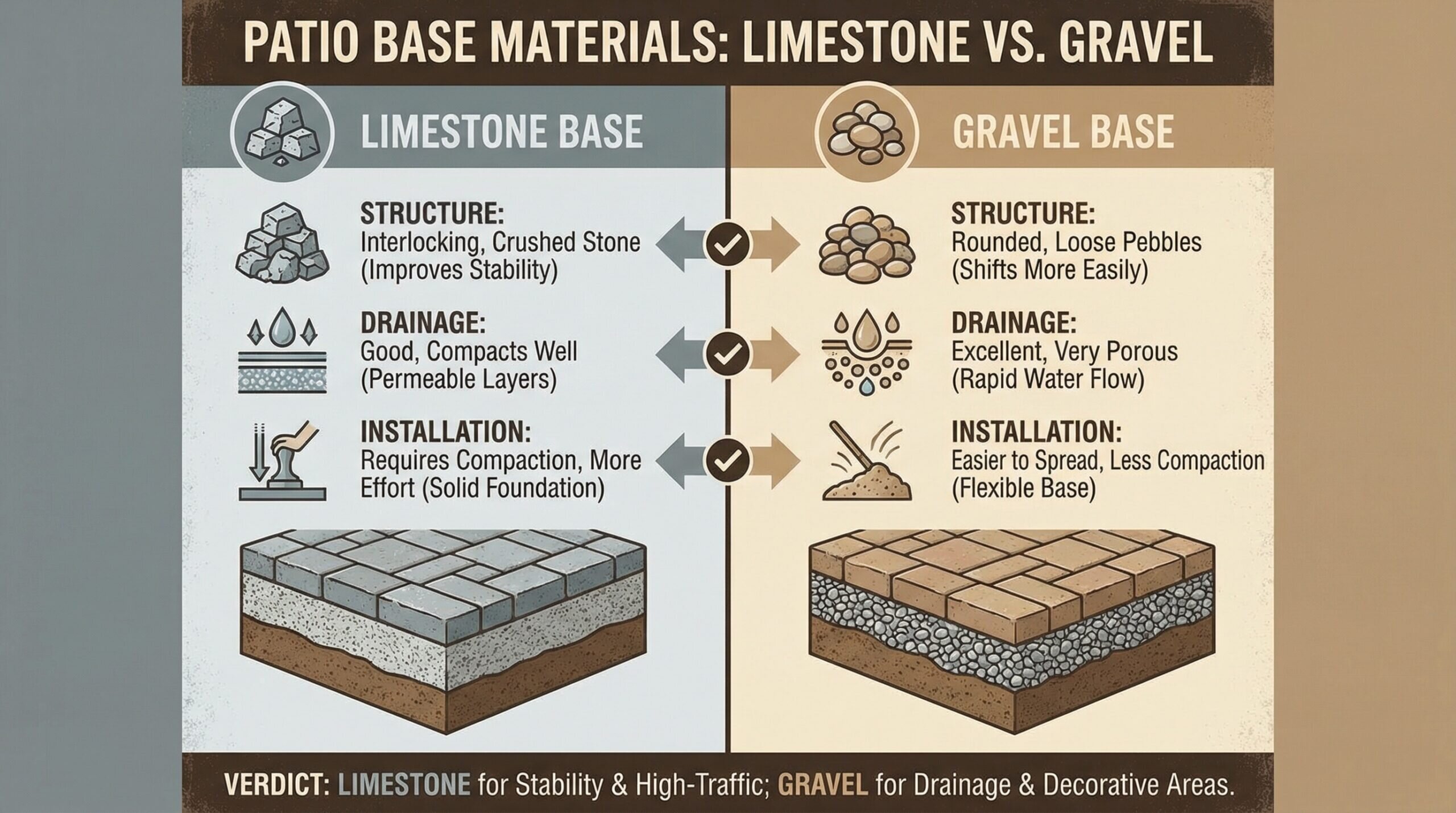 Comparison chart showing limestone versus gravel materials for patio base