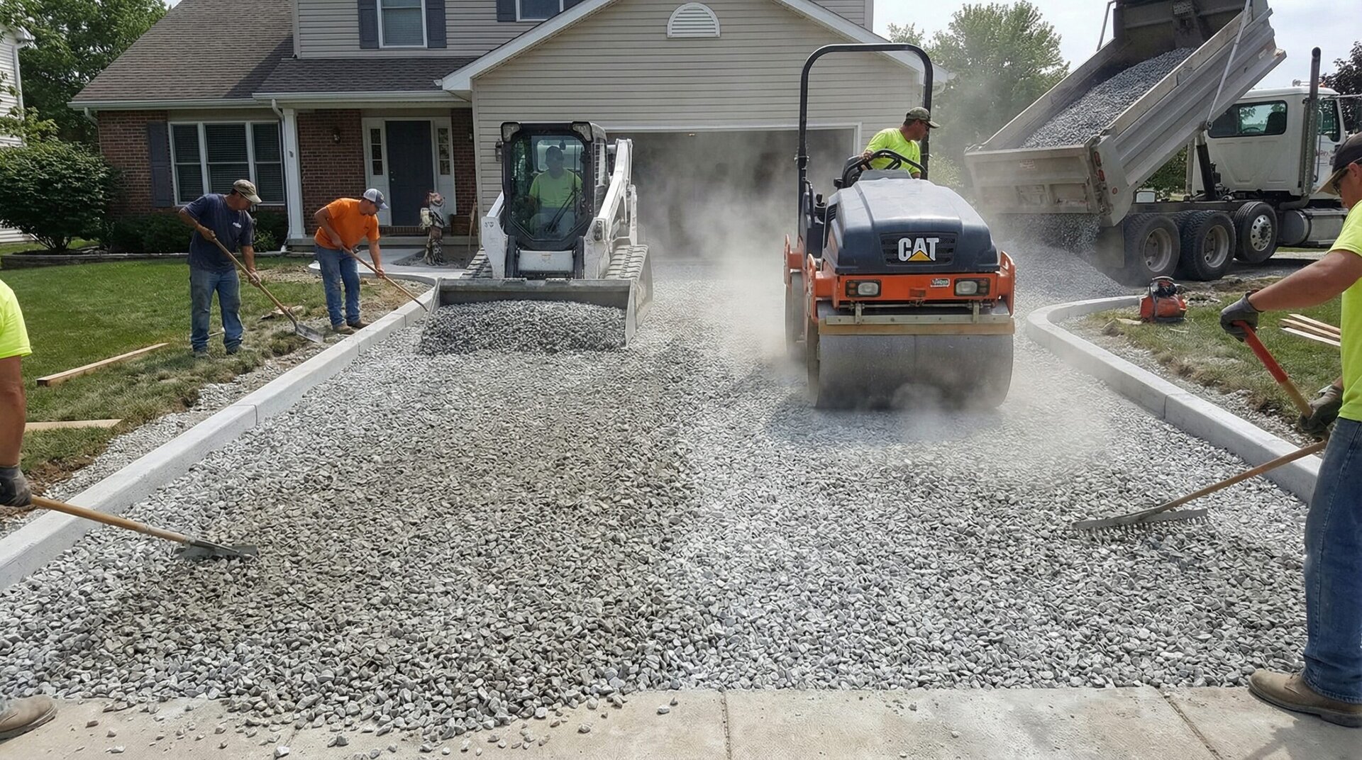 Crushed limestone installation on driveway base