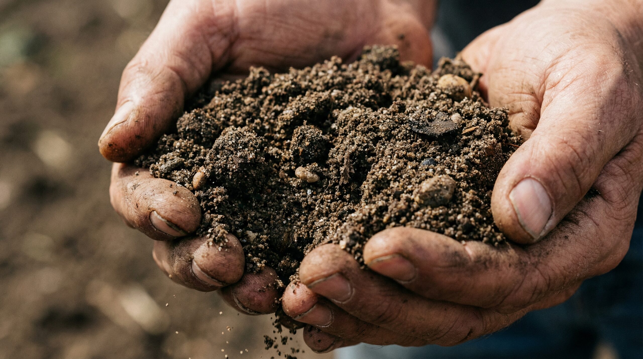 Loamy sand soil texture in hands showing gritty crumbly appearance