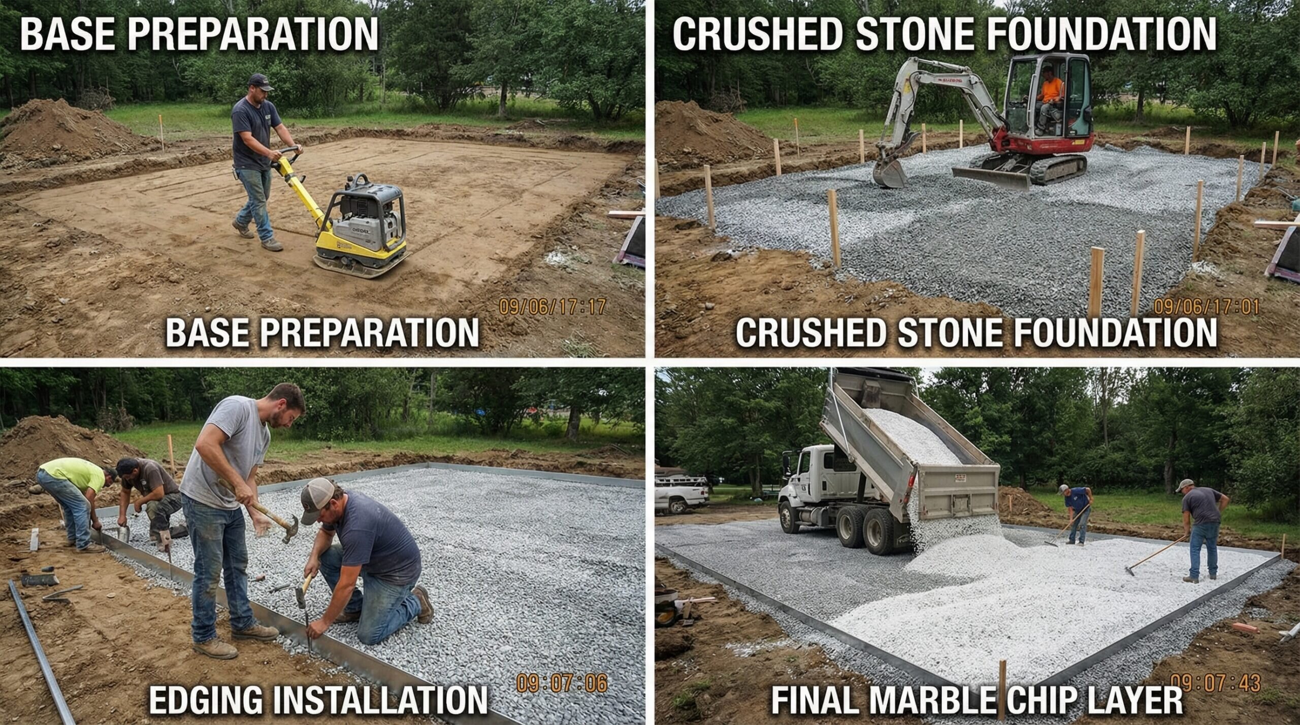 Marble chip driveway installation showing base preparation process