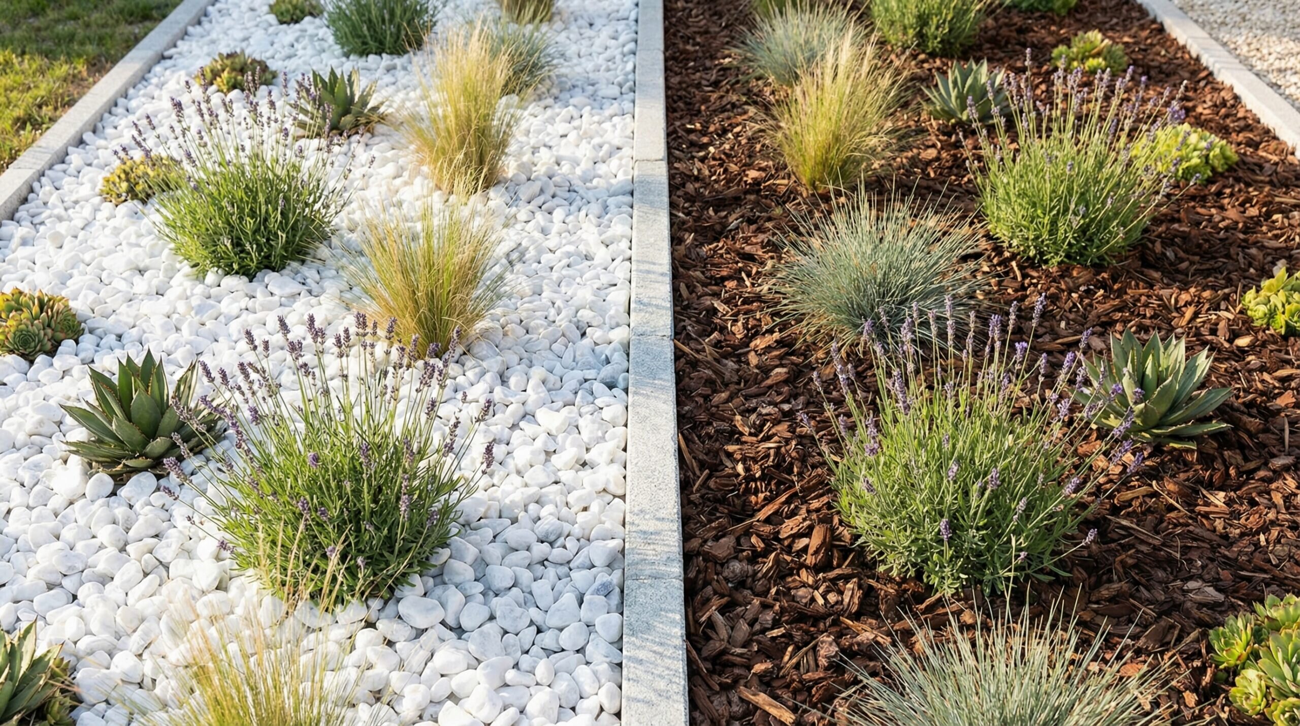 Comparison of marble chips and wood mulch in garden beds