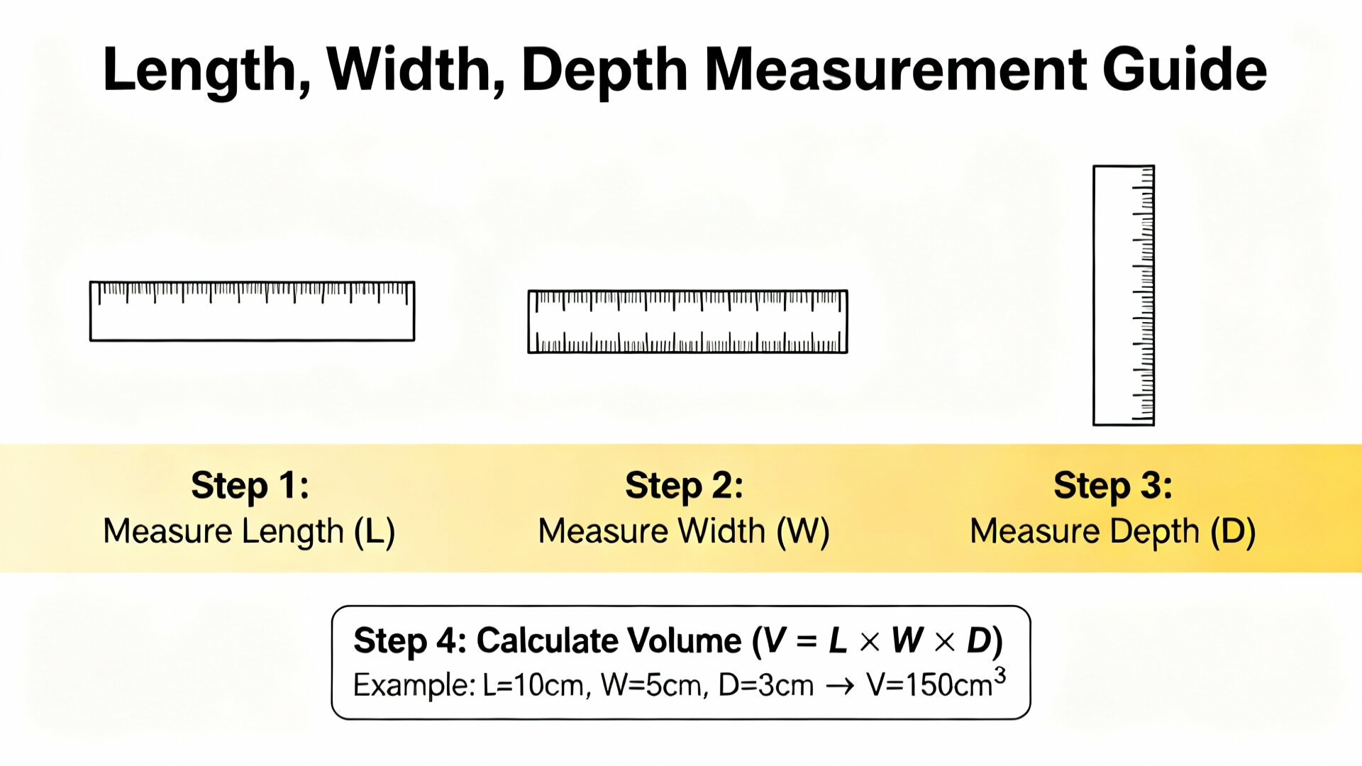 Step by step measurement diagram showing length width depth calculation