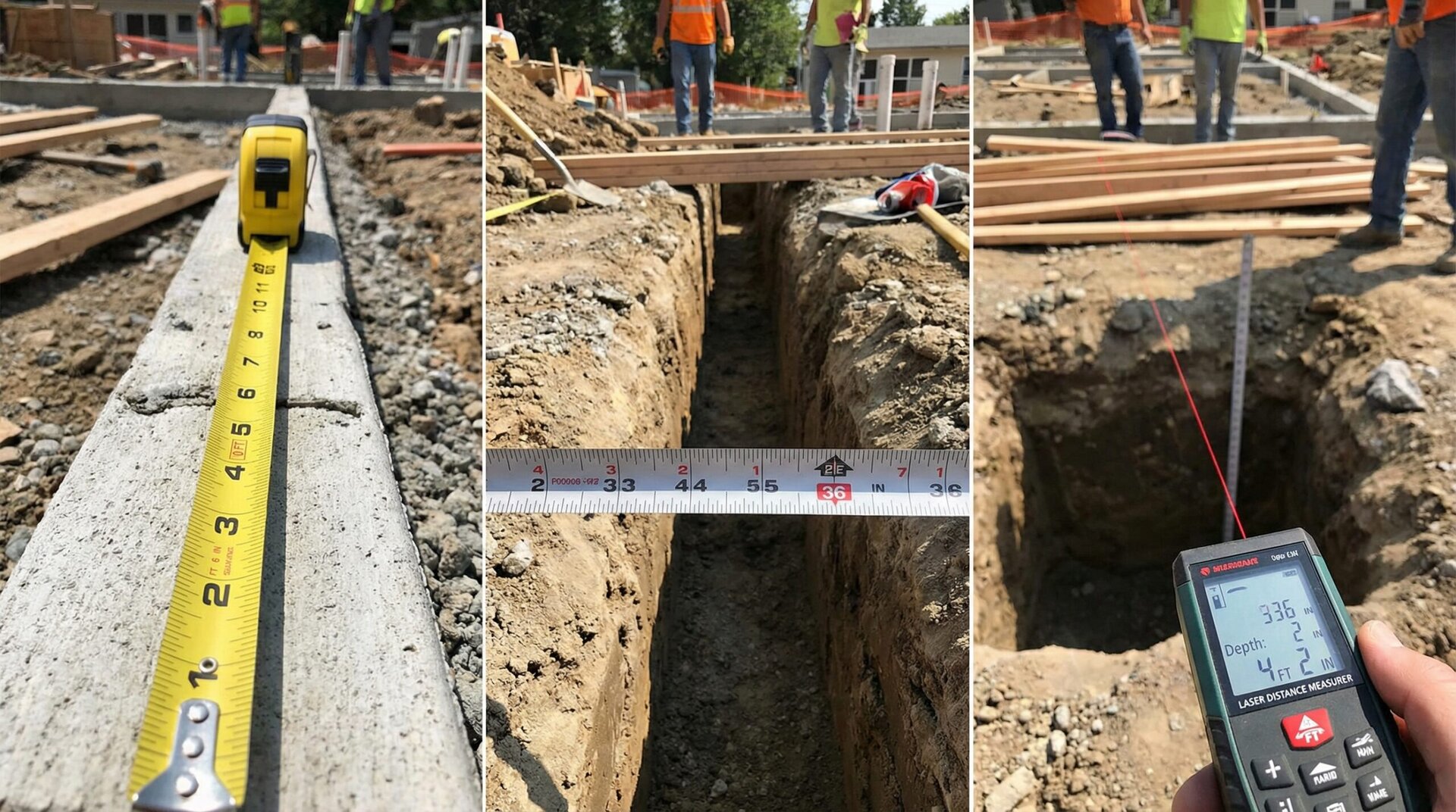 Measuring tape on construction site showing length, width, and depth measurements