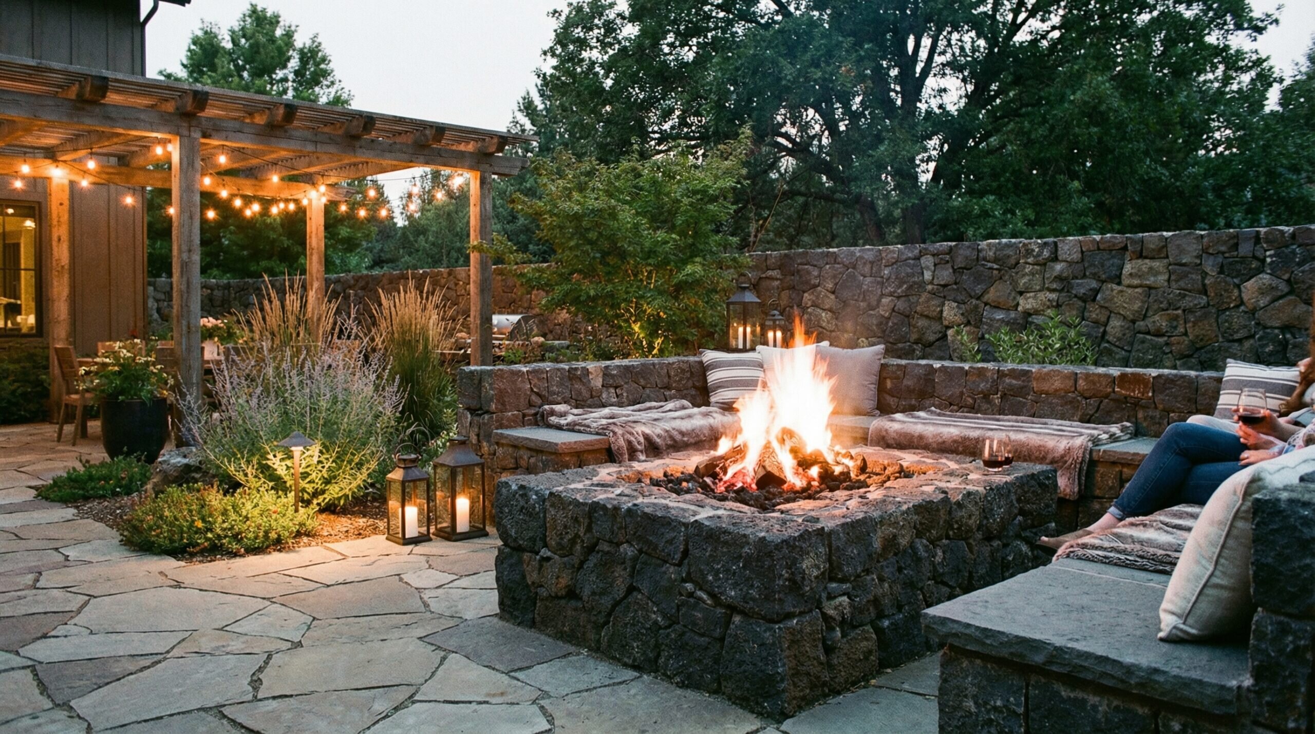 Modern basalt fire pit on outdoor patio during evening