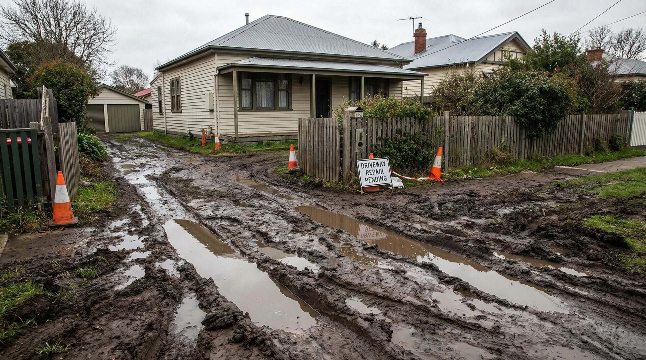 Muddy rutted driveway before slag installation