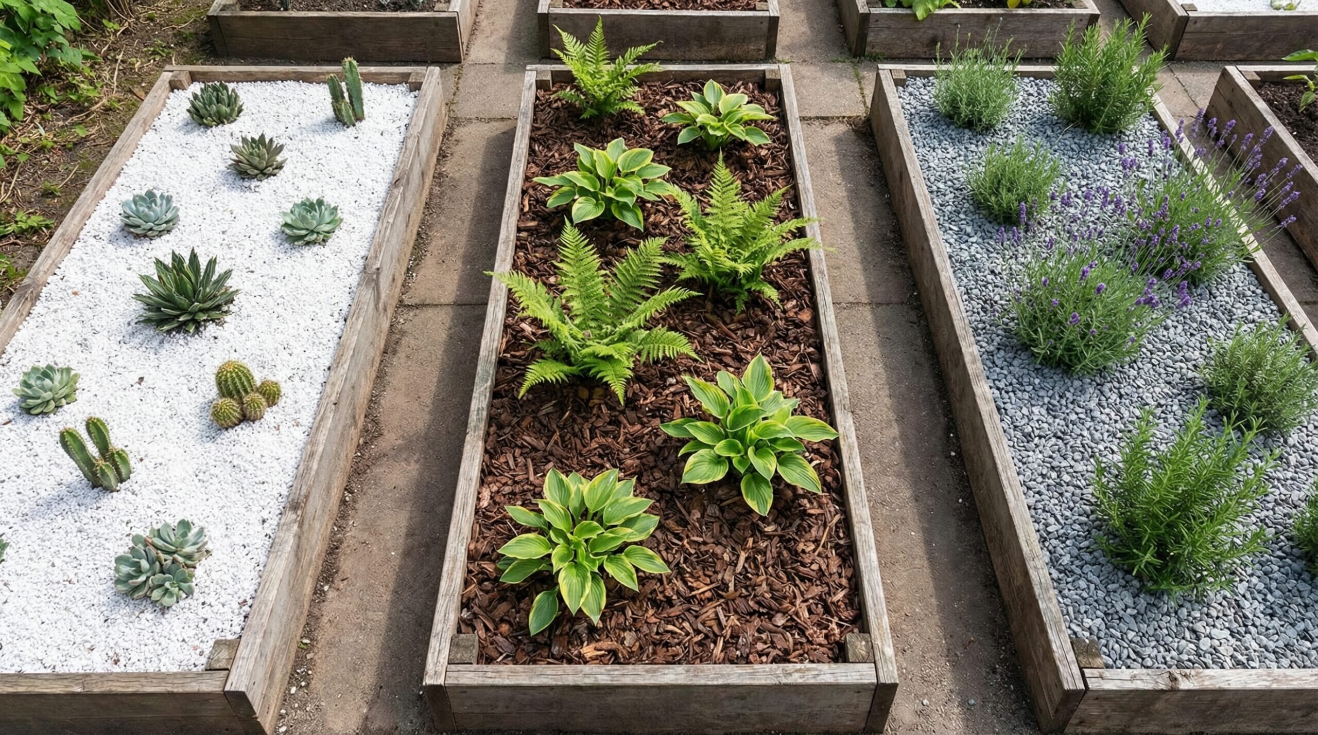 Comparison of perlite, bark mulch, and gravel side by side in garden beds