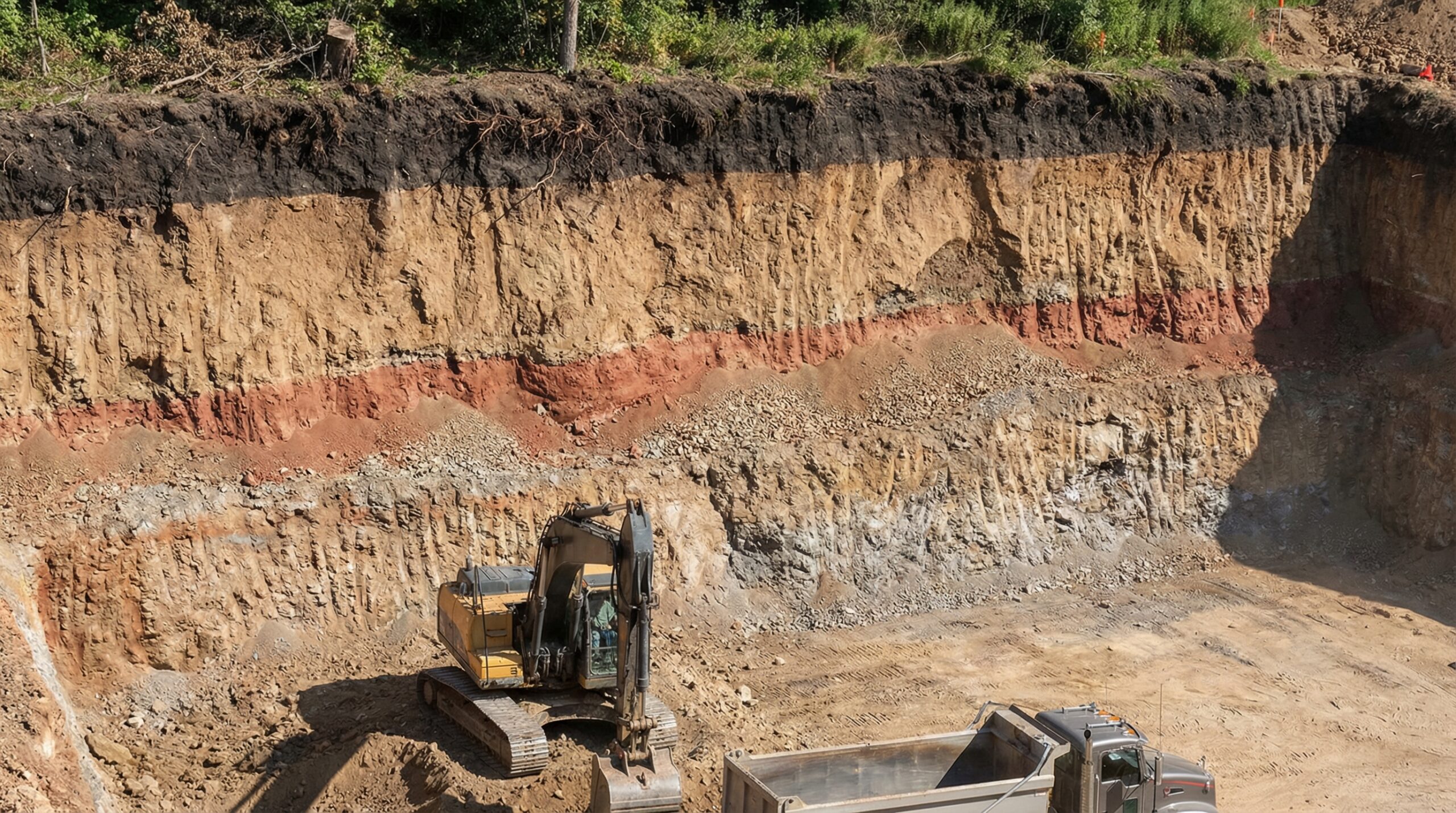 Construction site with excavated overburden layers showing topsoil and underlying materials
