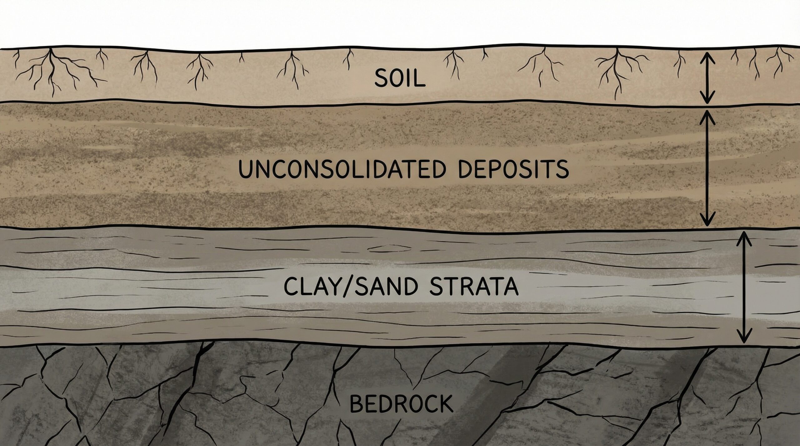 Cross section diagram showing overburden layers above bedrock with labels