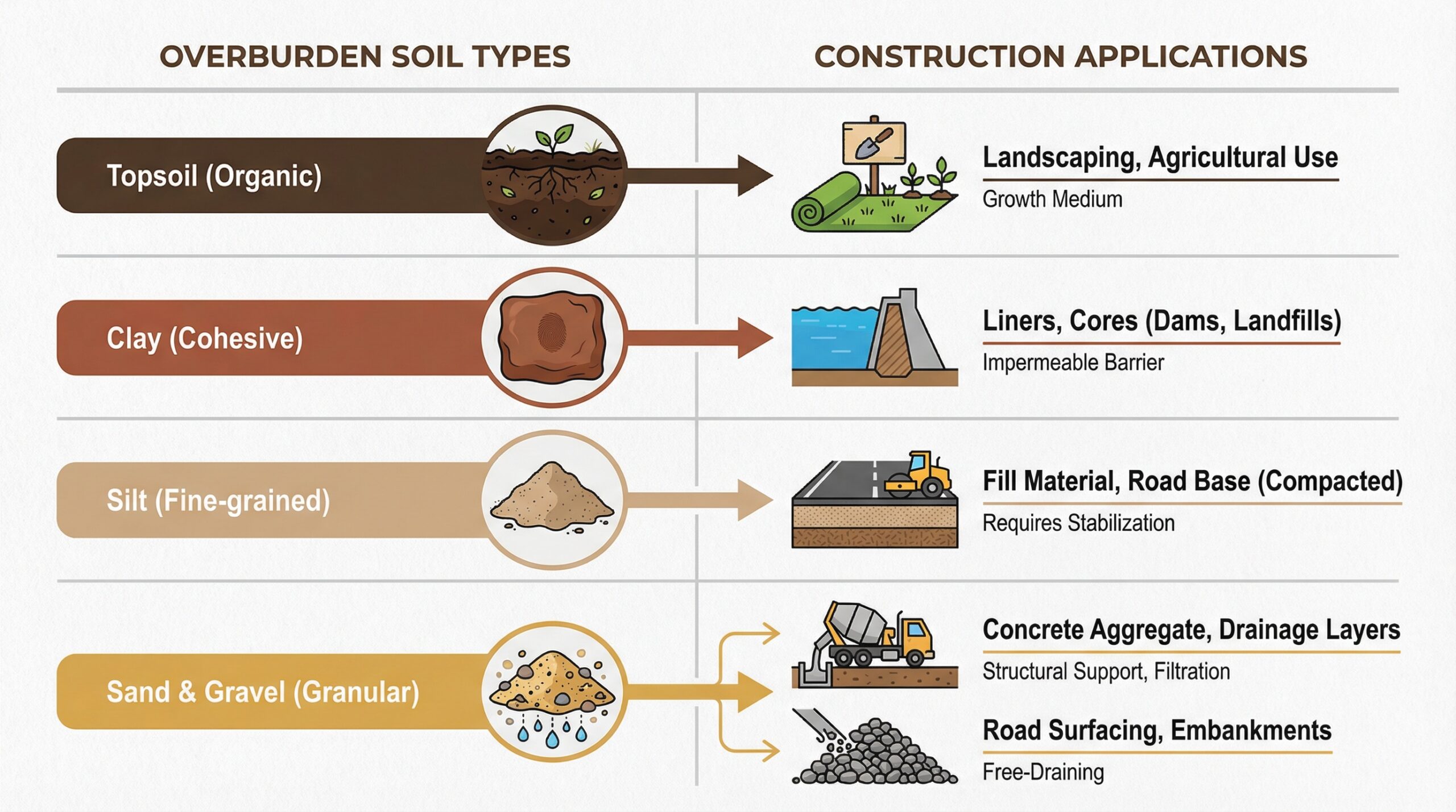 Table showing overburden types and their best applications