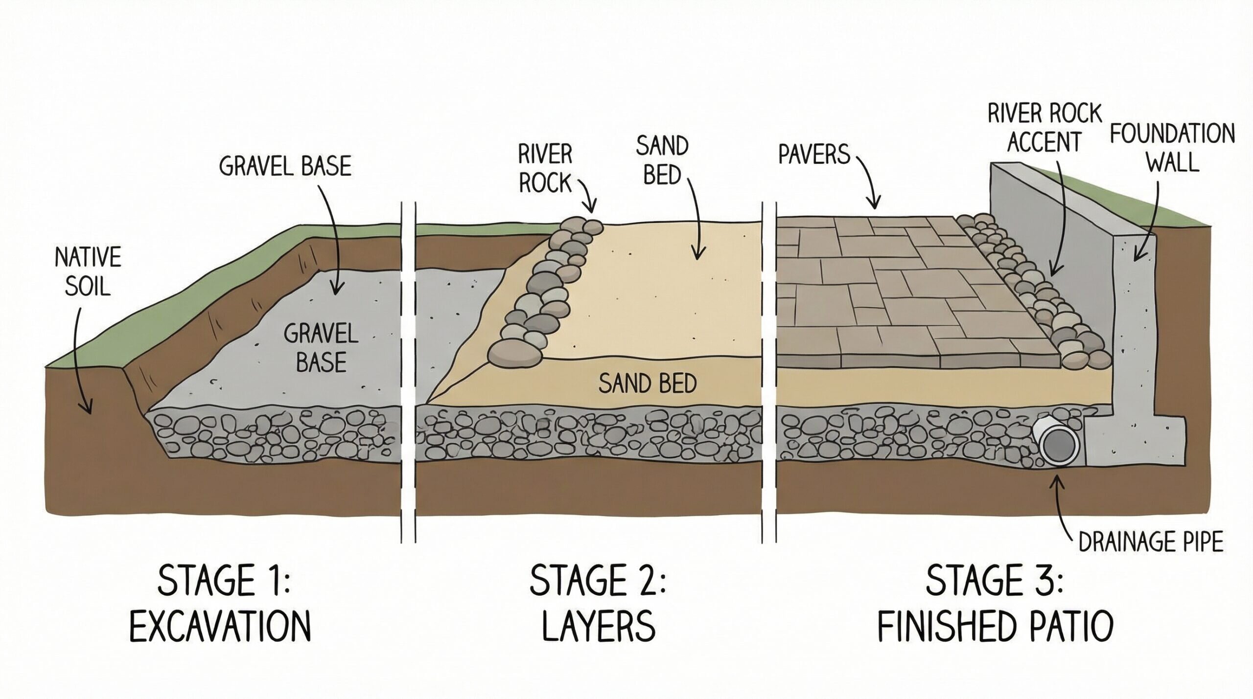 step-by-step cross-section showing proper patio base layers with river rock accents