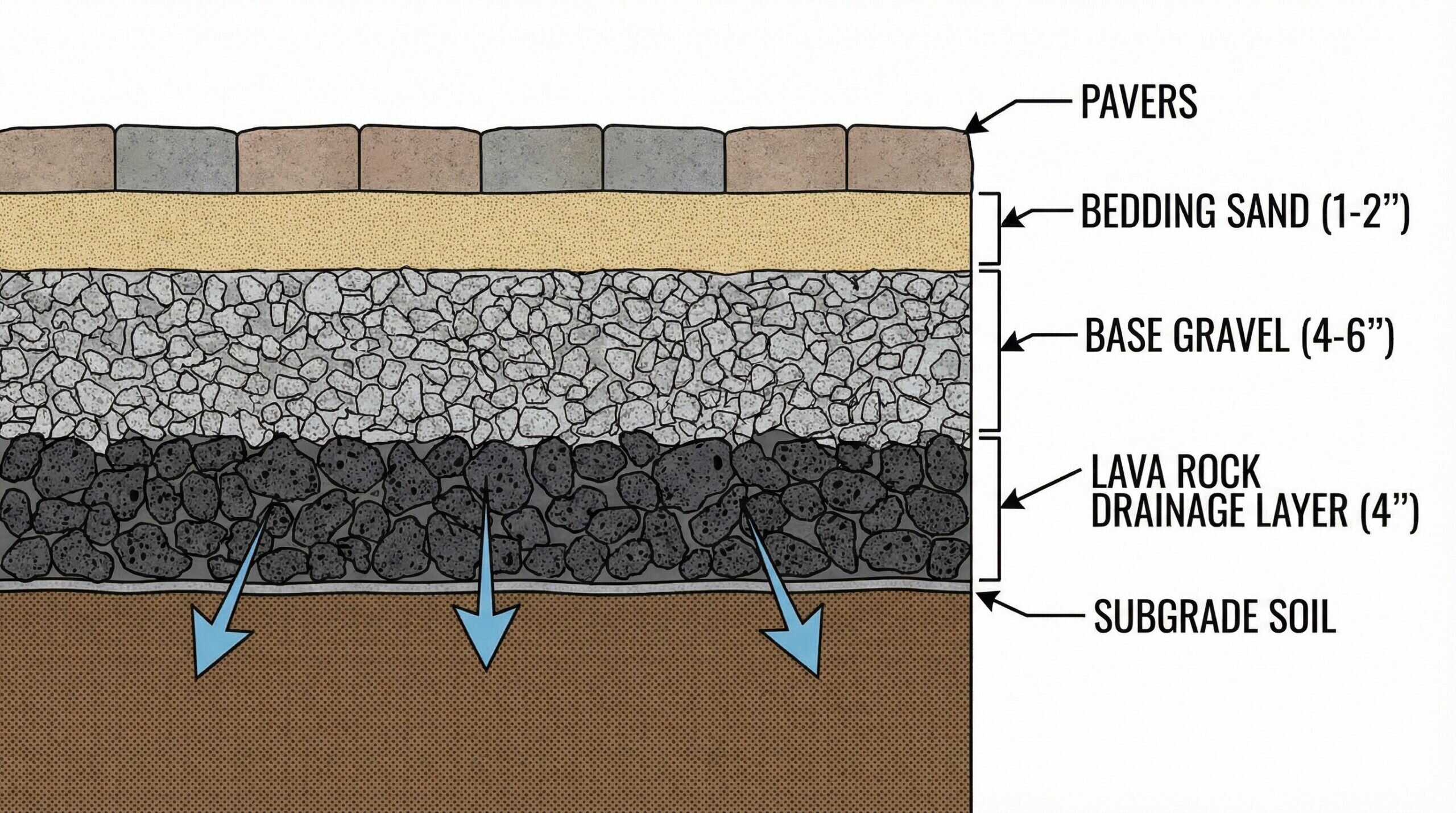 cross-section diagram showing proper patio base layers with lava rock as drainage layer