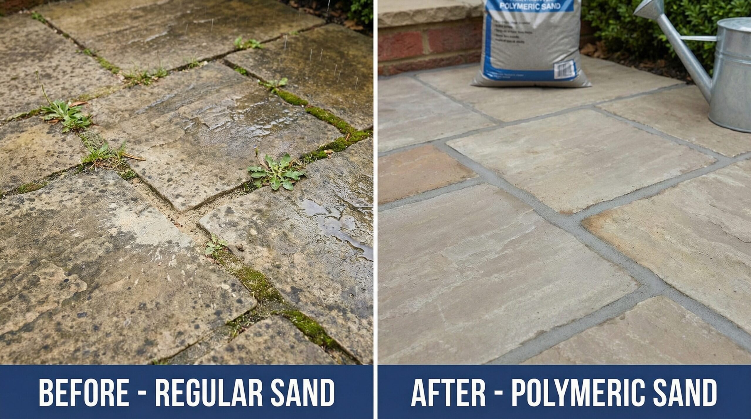 Before and after comparison of paver joints with regular sand vs polymeric sand