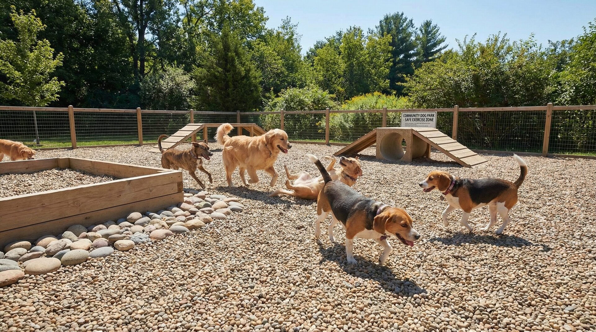 Pea gravel dog run overview showing happy dogs playing on smooth rounded stones