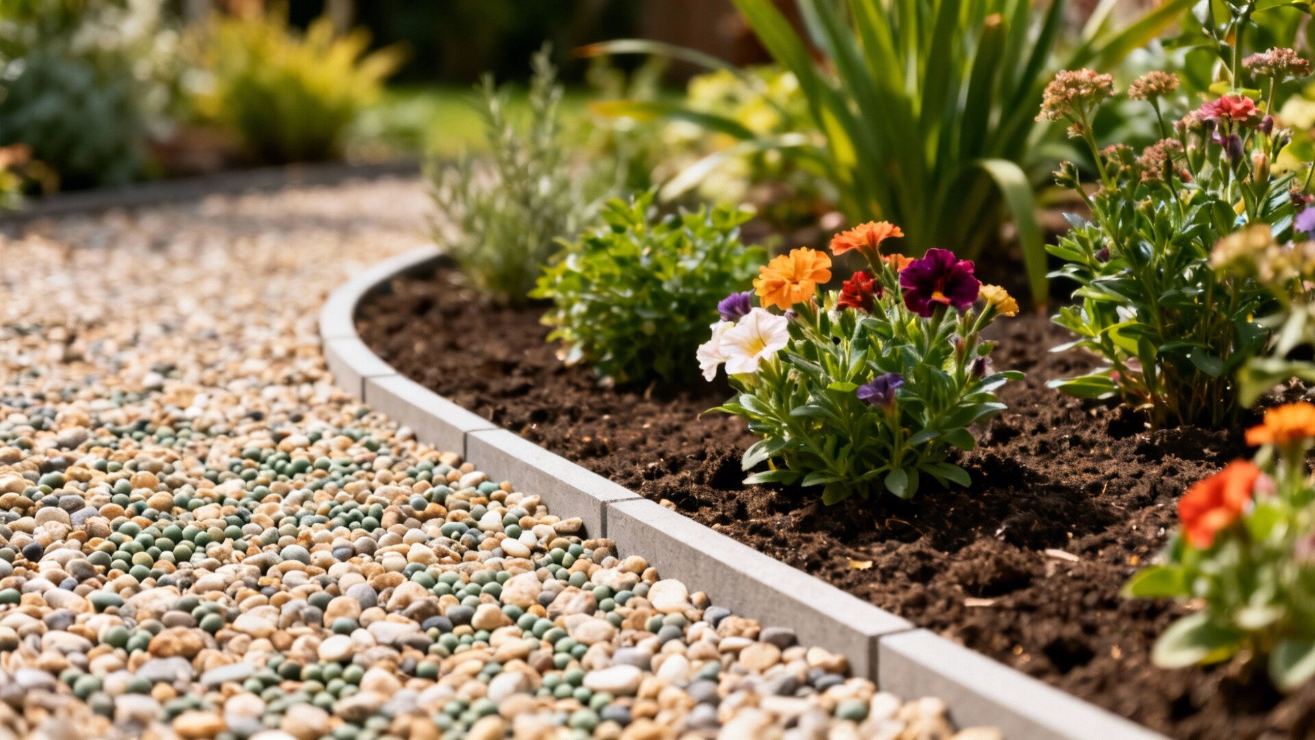 Pea gravel used as mulch in garden bed with plants