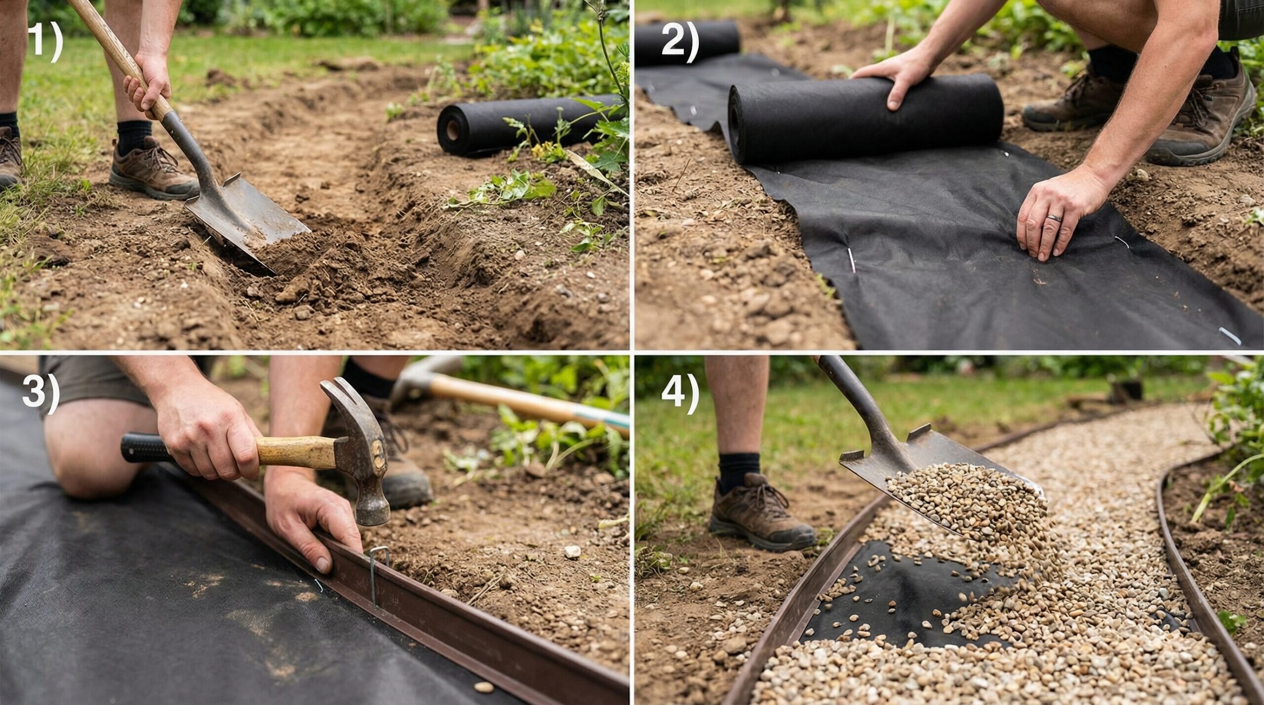 Installation process showing landscape fabric and edging for pea gravel paths