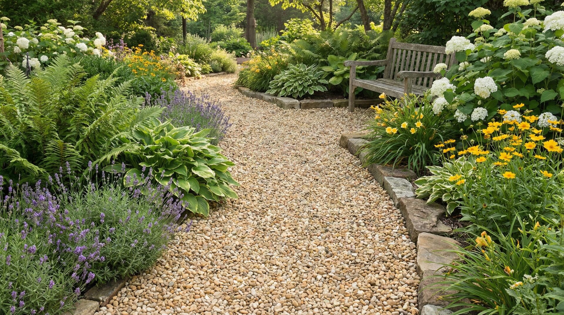 Pea gravel pathway in a landscaped garden