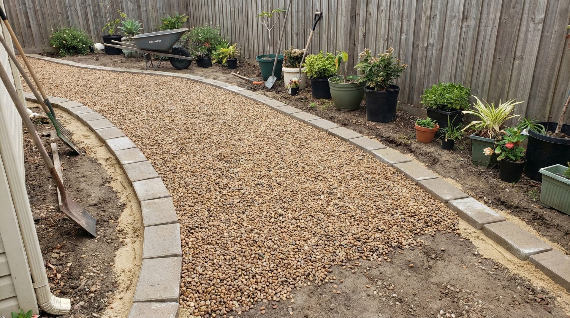 Pea gravel scattered on ground with pavers nearby