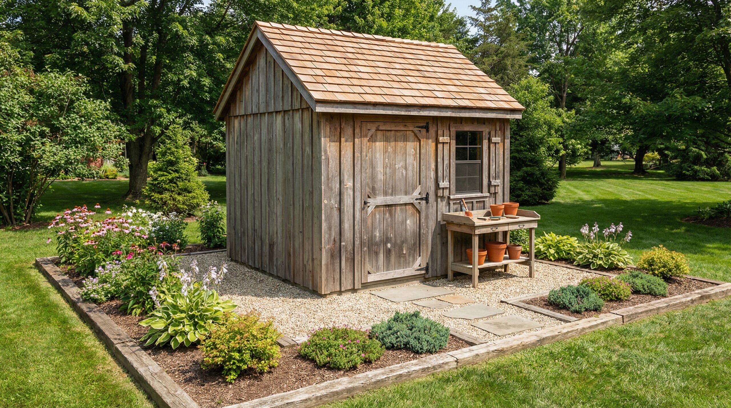 Pea gravel shed foundation with proper edging and landscaping
