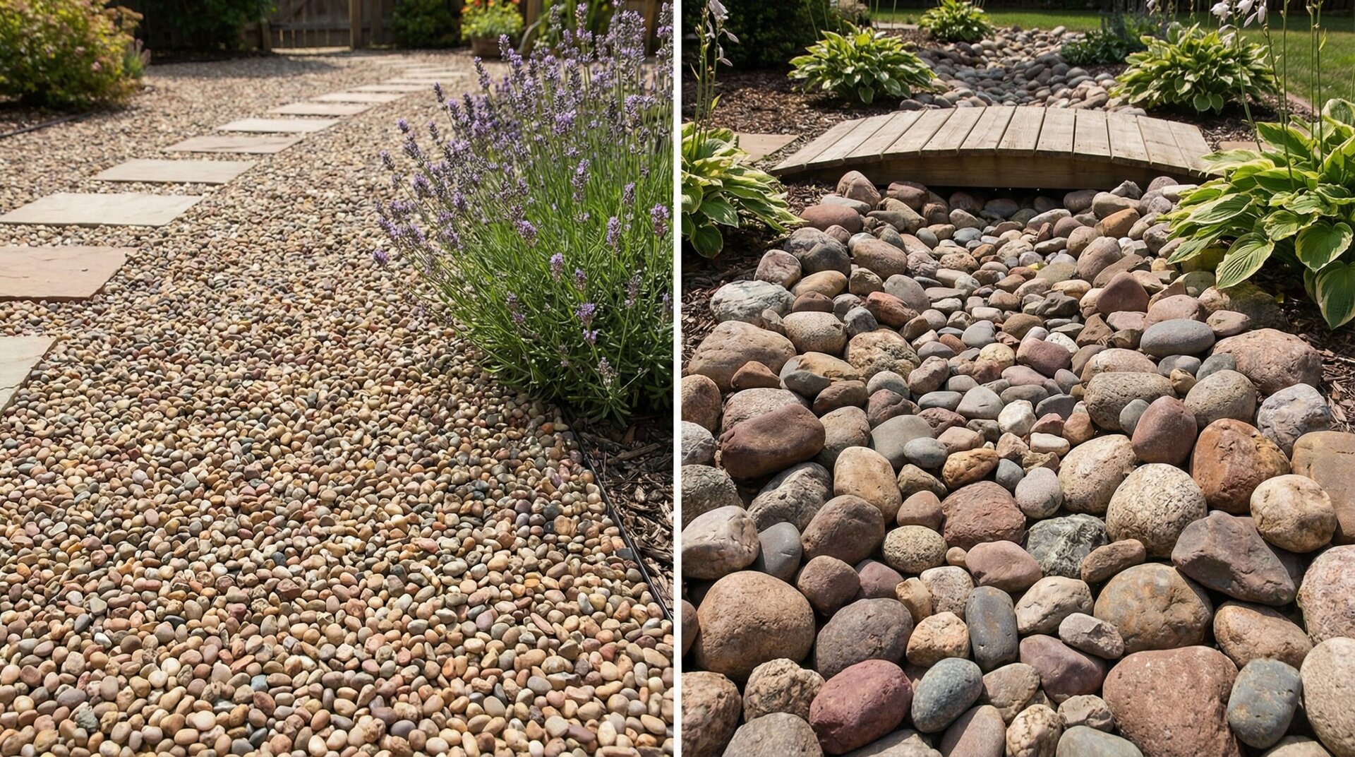 Comparison of pea gravel and river rock side by side in landscaping