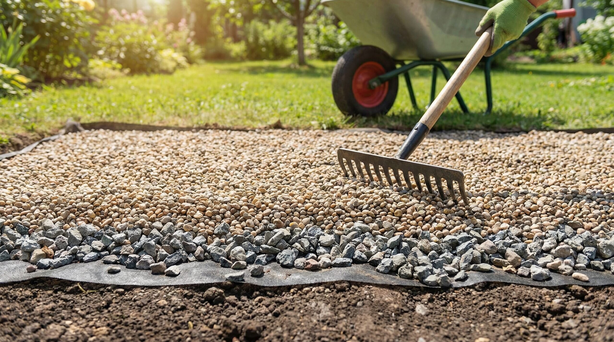 Pea gravel installation process showing layers