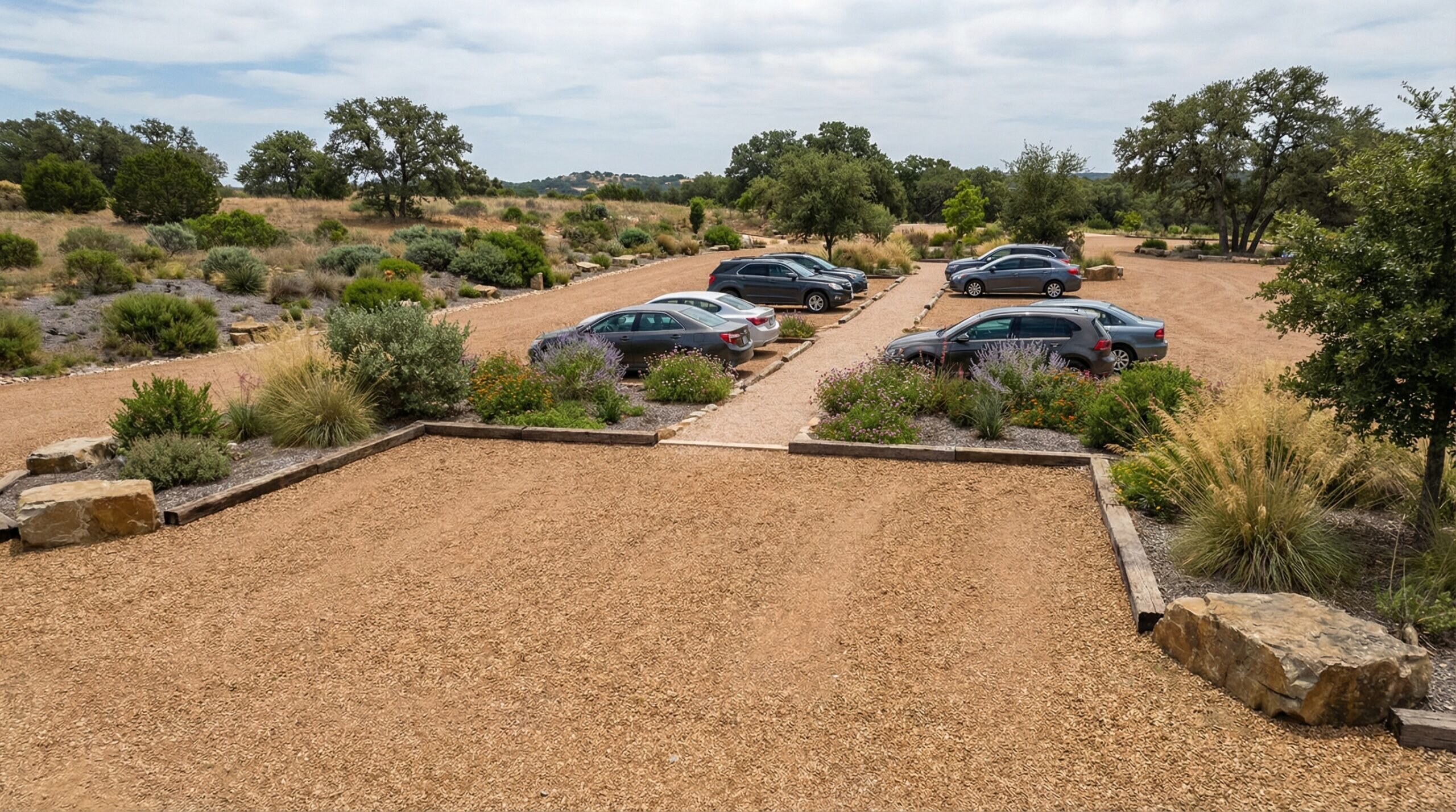 Pea gravel parking area overview